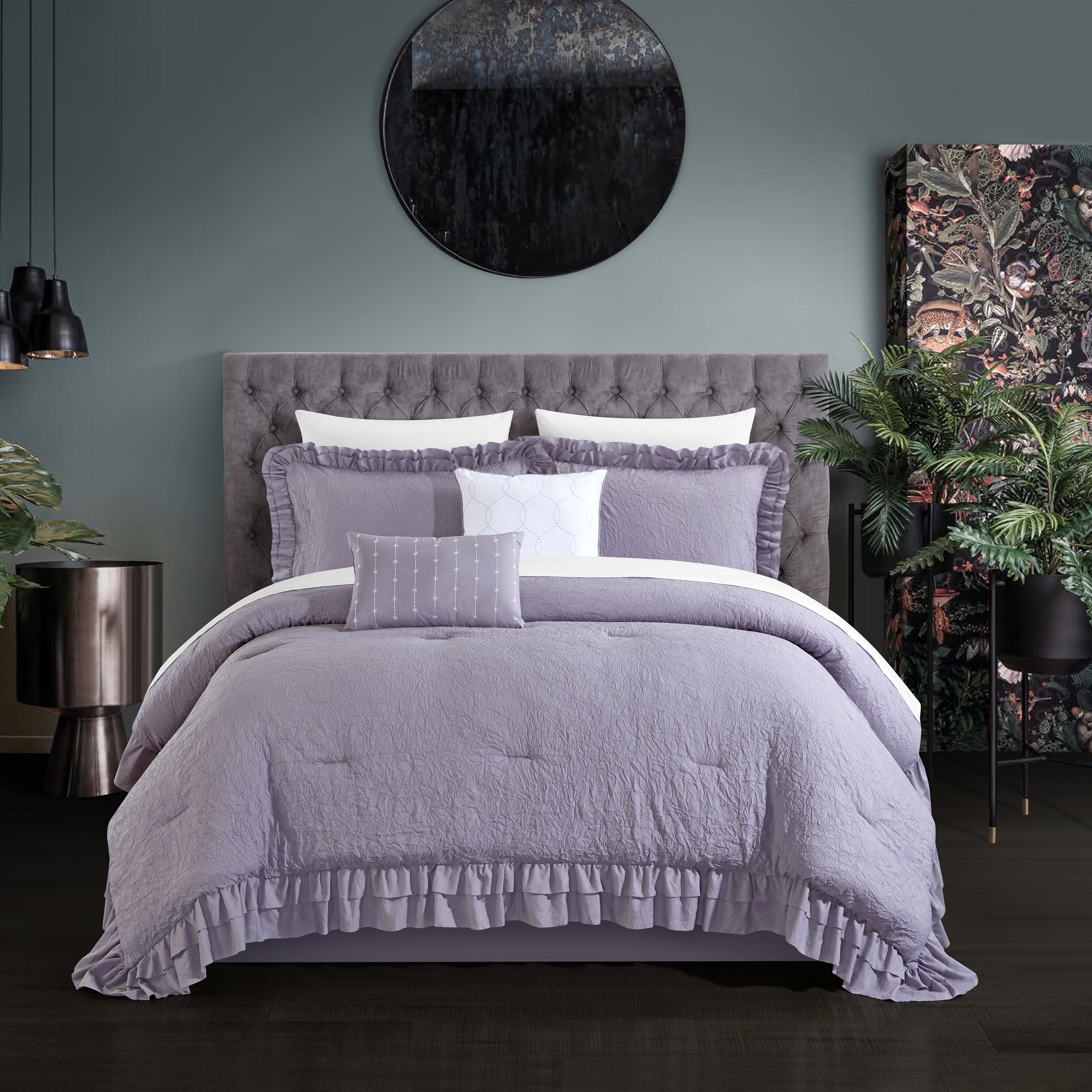 5 piece Kensley Comforter Set Washed Crinkle Ruffled Flange Border Design Bedding - Lavender, King - king purple