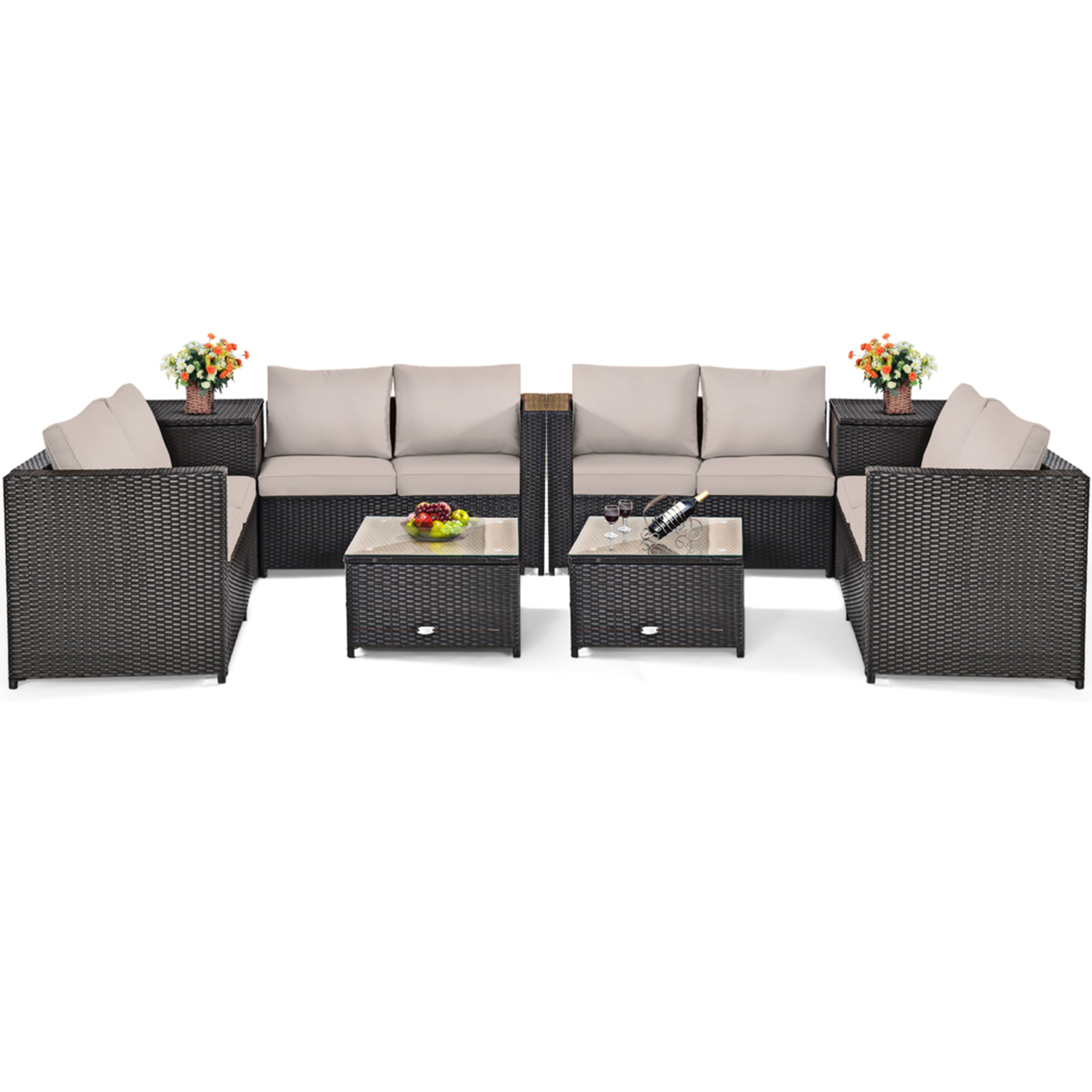 8PCS Cushioned Rattan Patio Conversation Set W/ Coffee Table Side Table