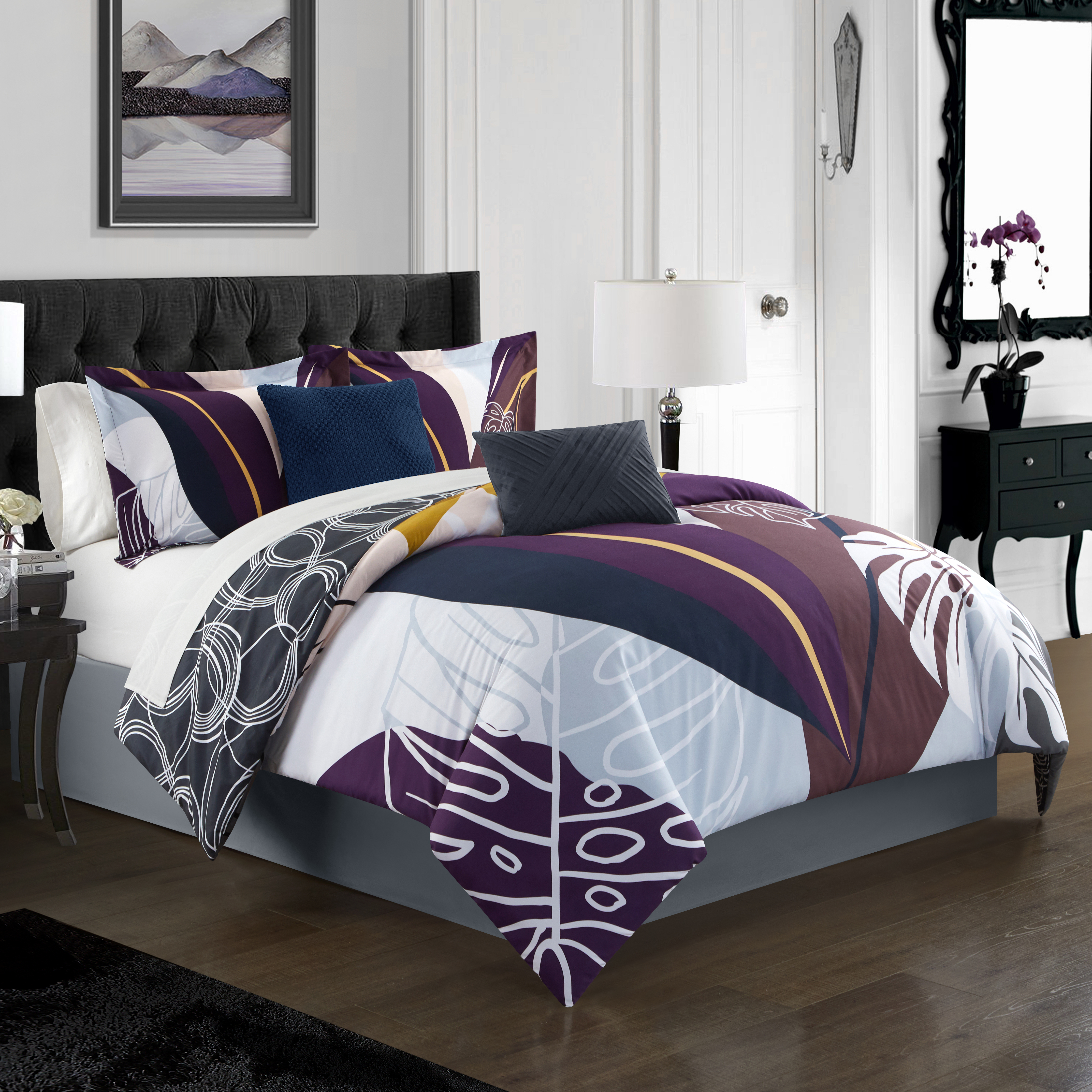 Emeraude 3 Piece Reversible Quilt Set Floral Print Cursive Script Design Bedding - Purple, King