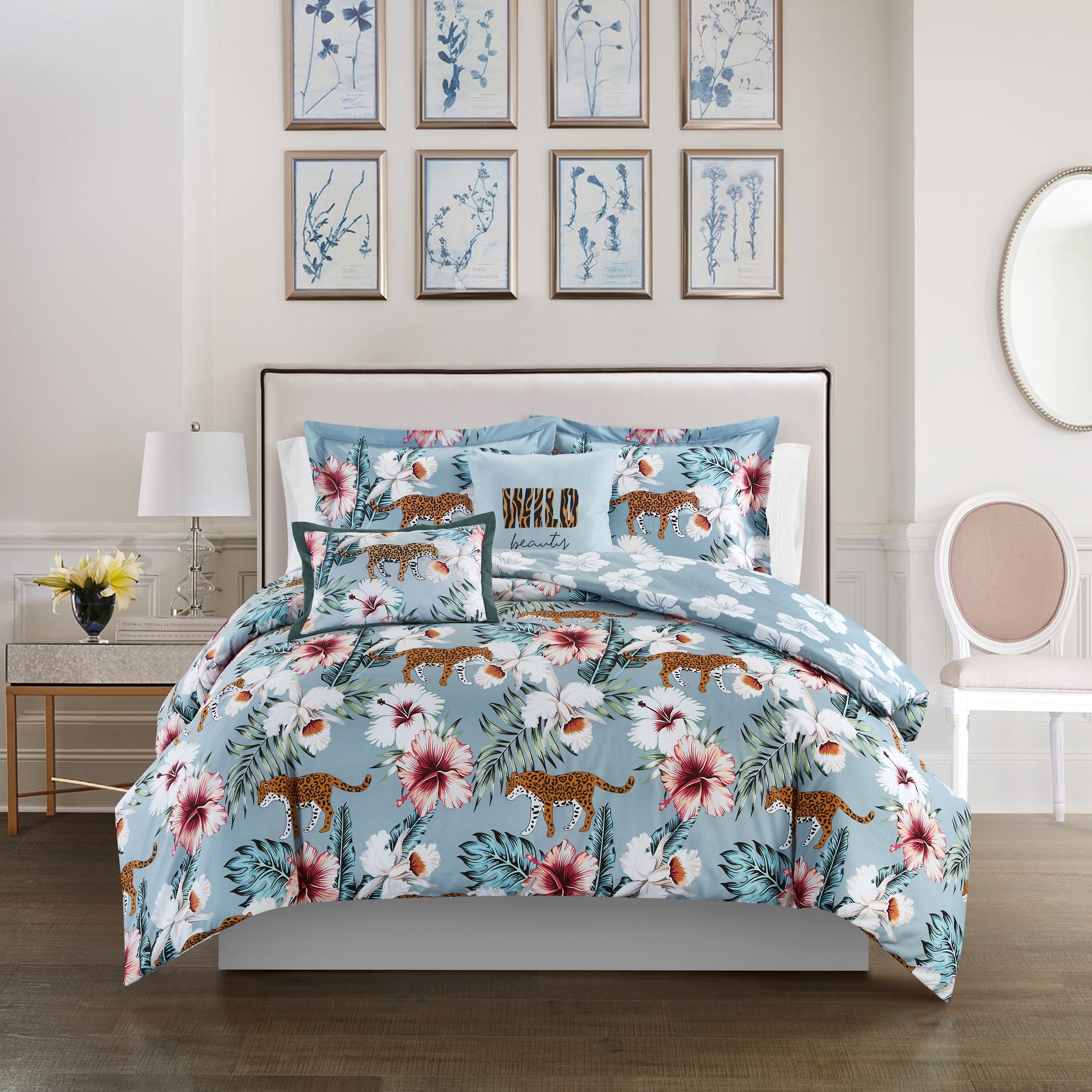 Emeraude 3 Piece Reversible Quilt Set Floral Print Cursive Script Design Bedding - Blue, Queen