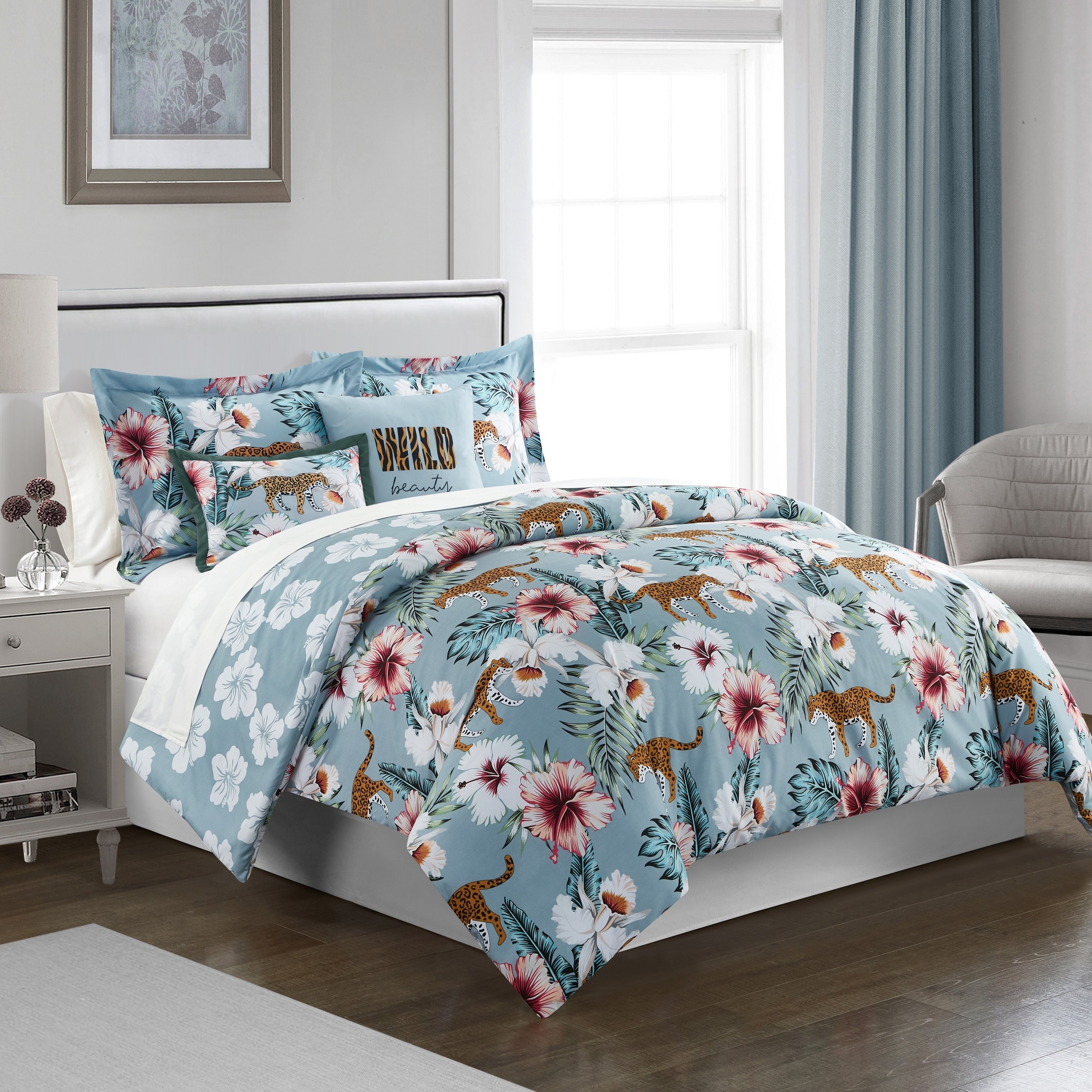 Emeraude 3 Piece Reversible Quilt Set Floral Print Cursive Script Design Bedding - Blue, Twin