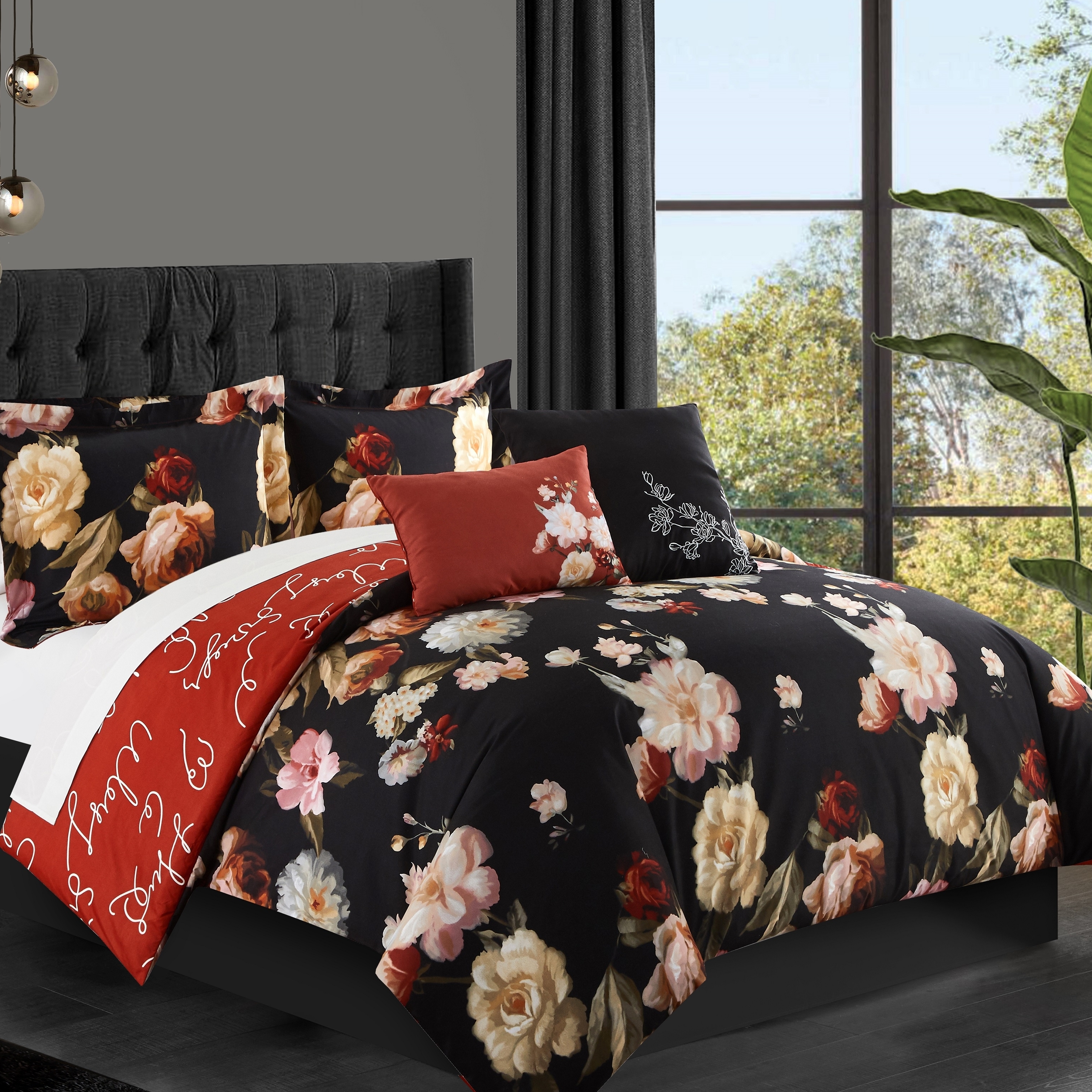 Emeraude 3 Piece Reversible Quilt Set Floral Print Cursive Script Design Bedding - Black, Twin