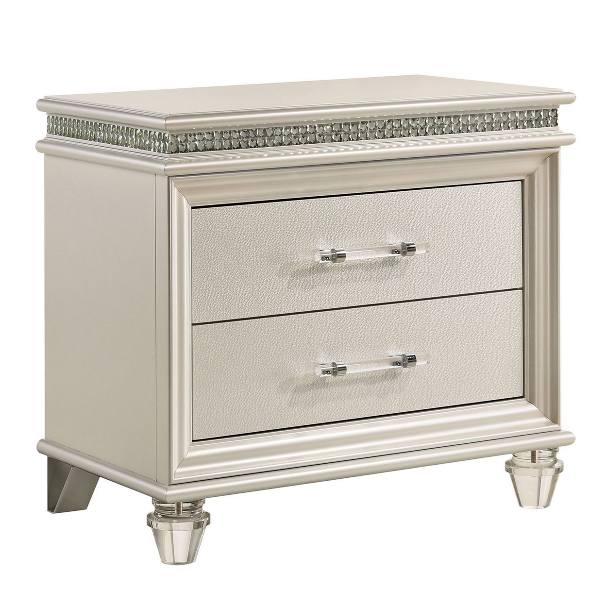 2 Drawer Nightstand With Acrylic Feet And Crystal Accents, Silver- Saltoro Sherpi