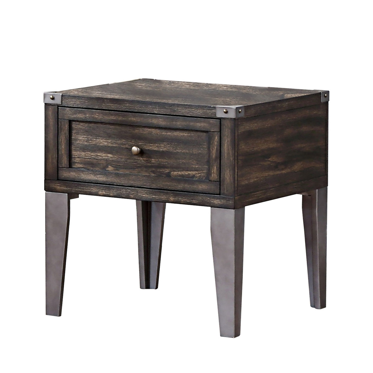 1 Drawer Wooden End Table With Metal Angled Legs, Brown- Saltoro Sherpi