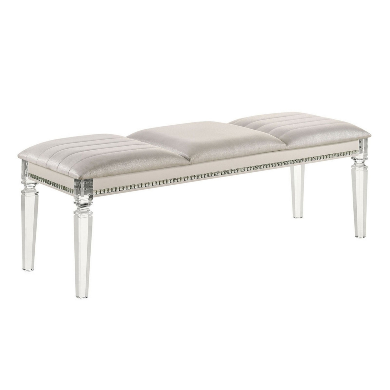 Tufted Leatherette Seater Wooden Bench With Mirror Accents, White- Saltoro Sherpi