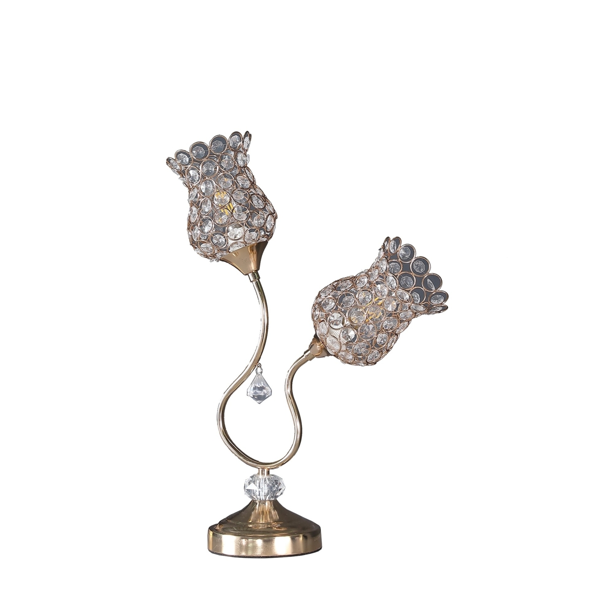 Metal Table Lamp With Floral Trumpet Shade And Crystal Accents, Gold- Saltoro Sherpi