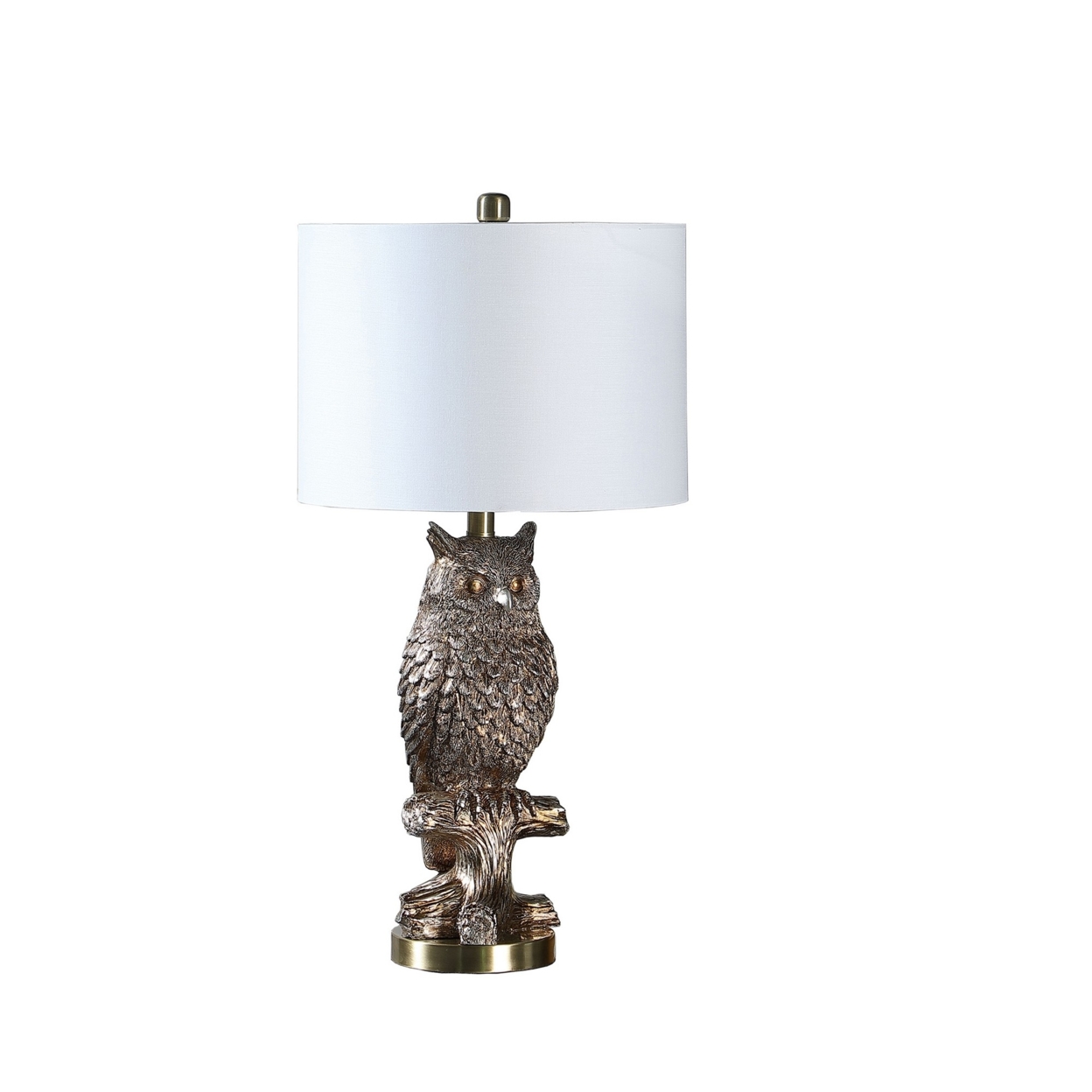 Polyresin Sitting Owl Design Table Lamp With Round Base, Silver- Saltoro Sherpi