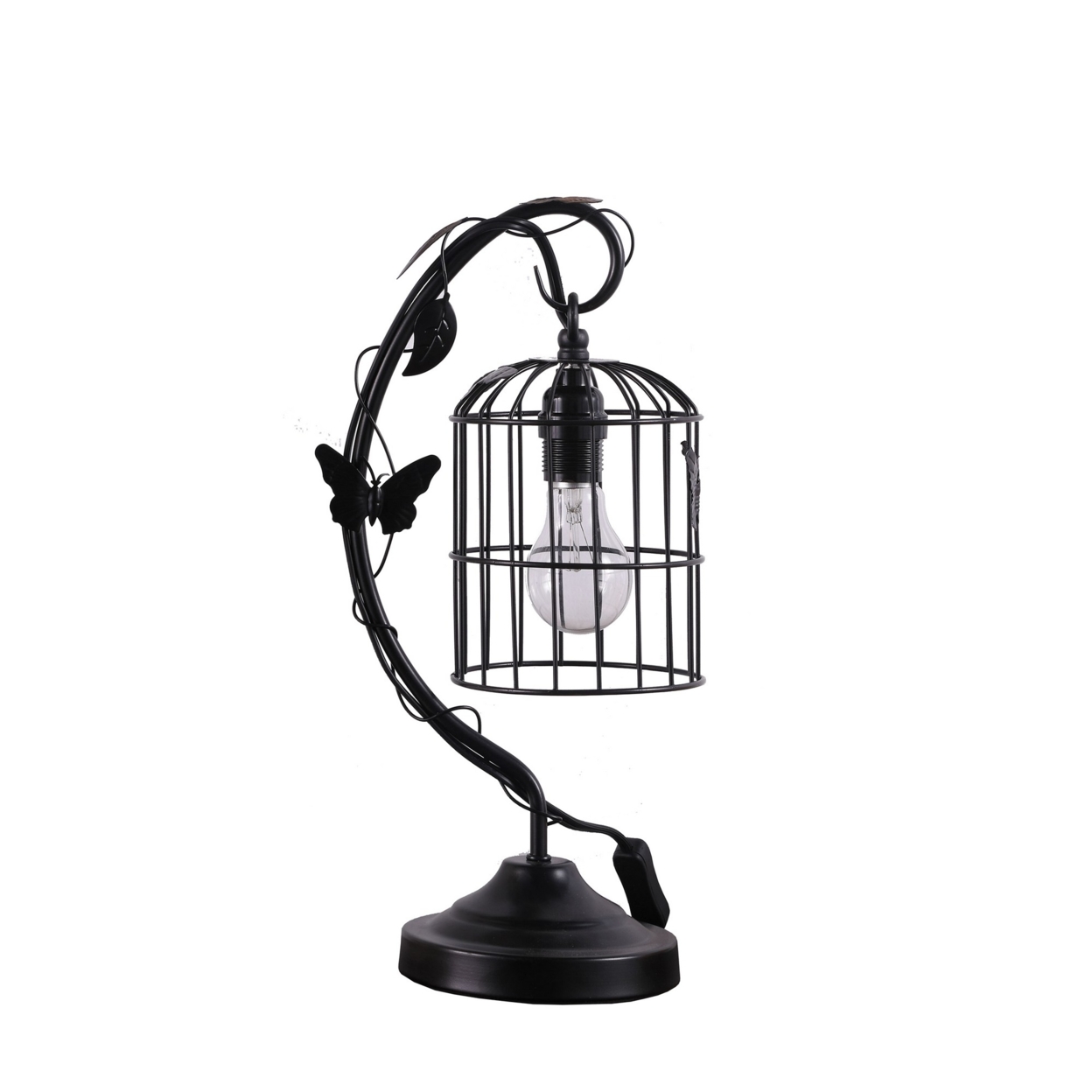 Arc Design Metal Table Lamp With Birdcage Shade, Black- Saltoro Sherpi