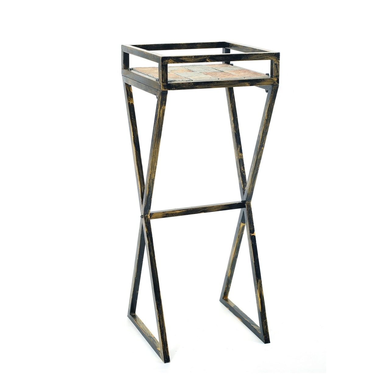 35.5 Stone Top Plant Stand With X Legs, Black And Gray- Saltoro Sherpi