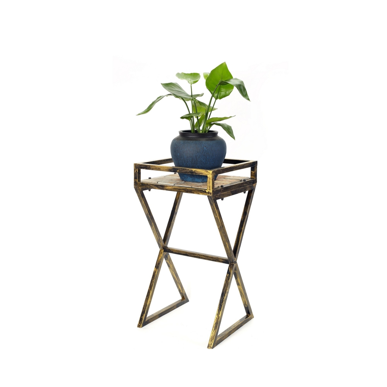 27 Stone Top Plant Stand With X Legs, Black And Gray- Saltoro Sherpi