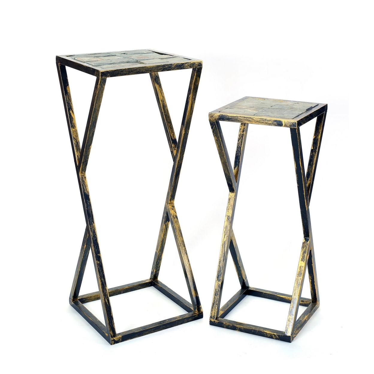Stone Top Plant Stand With Geometric Base, Set Of 2, Black And Gray- Saltoro Sherpi