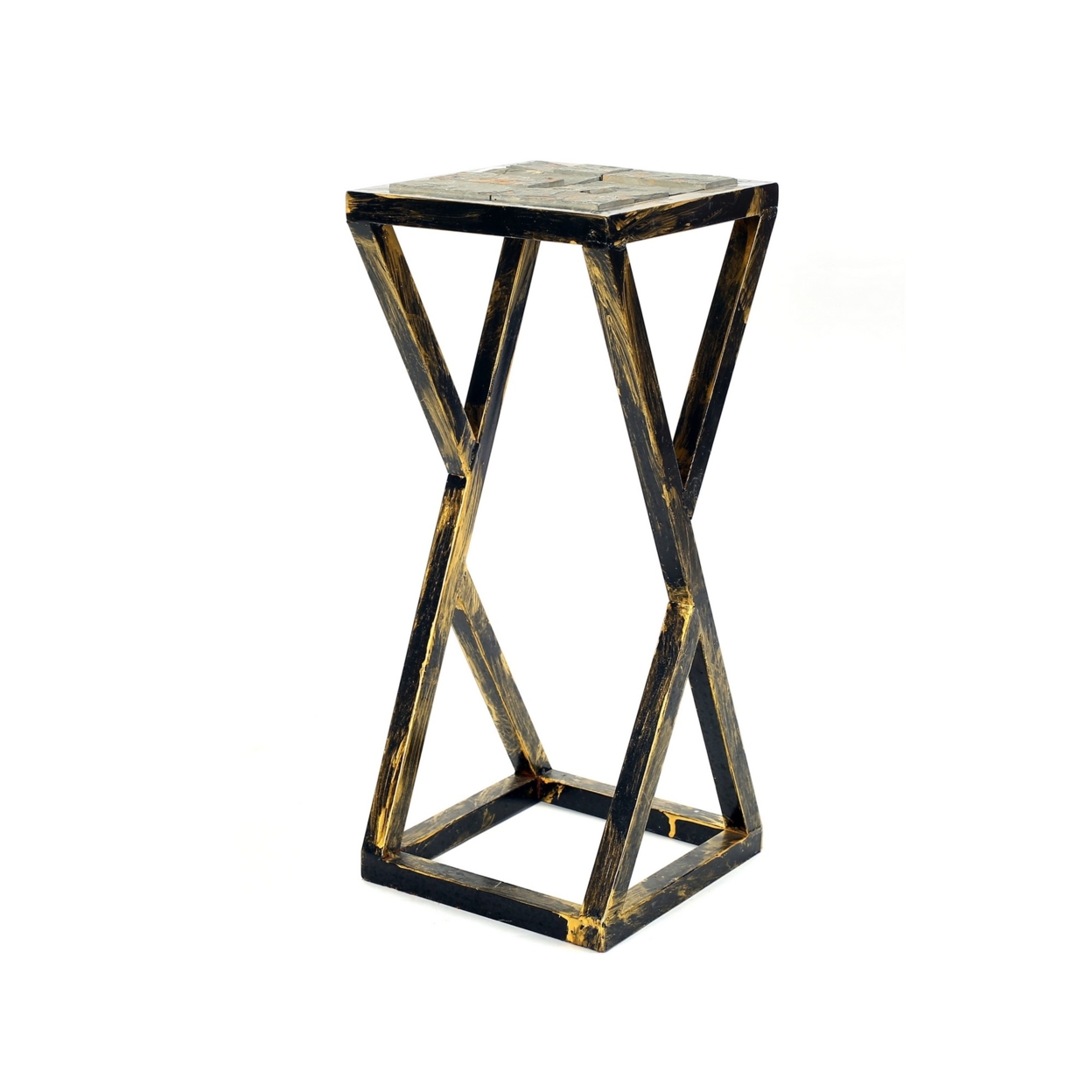 19.5 Inches Stone Top Plant Stand With Geometric Base, Black And Gray- Saltoro Sherpi