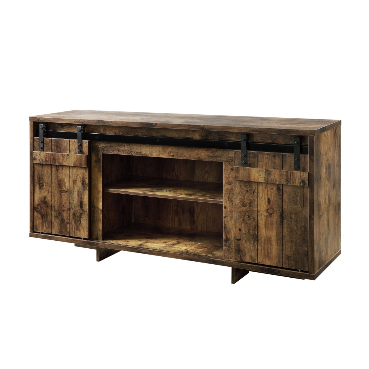 60 Inches Wooden TV Stand With 2 Barn Sliding Doors, Rustic Brown- Saltoro Sherpi