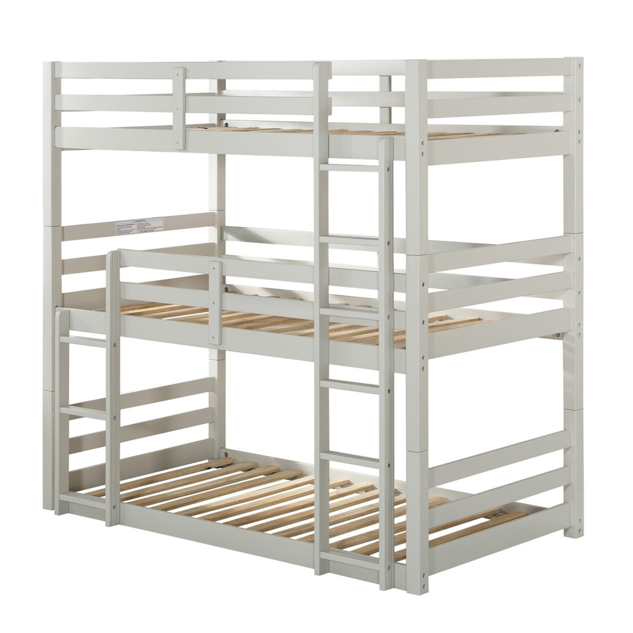 Twin Size 3 Tier Wooden Bunk Bed With Ladder, White- Saltoro Sherpi