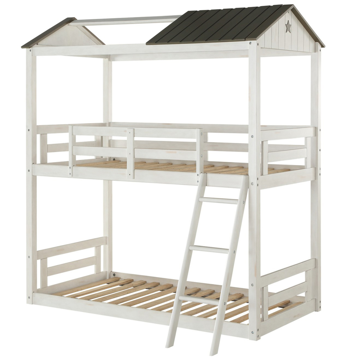 Wooden Twin Size Bunk Bed With Hut Design, White And Gray- Saltoro Sherpi