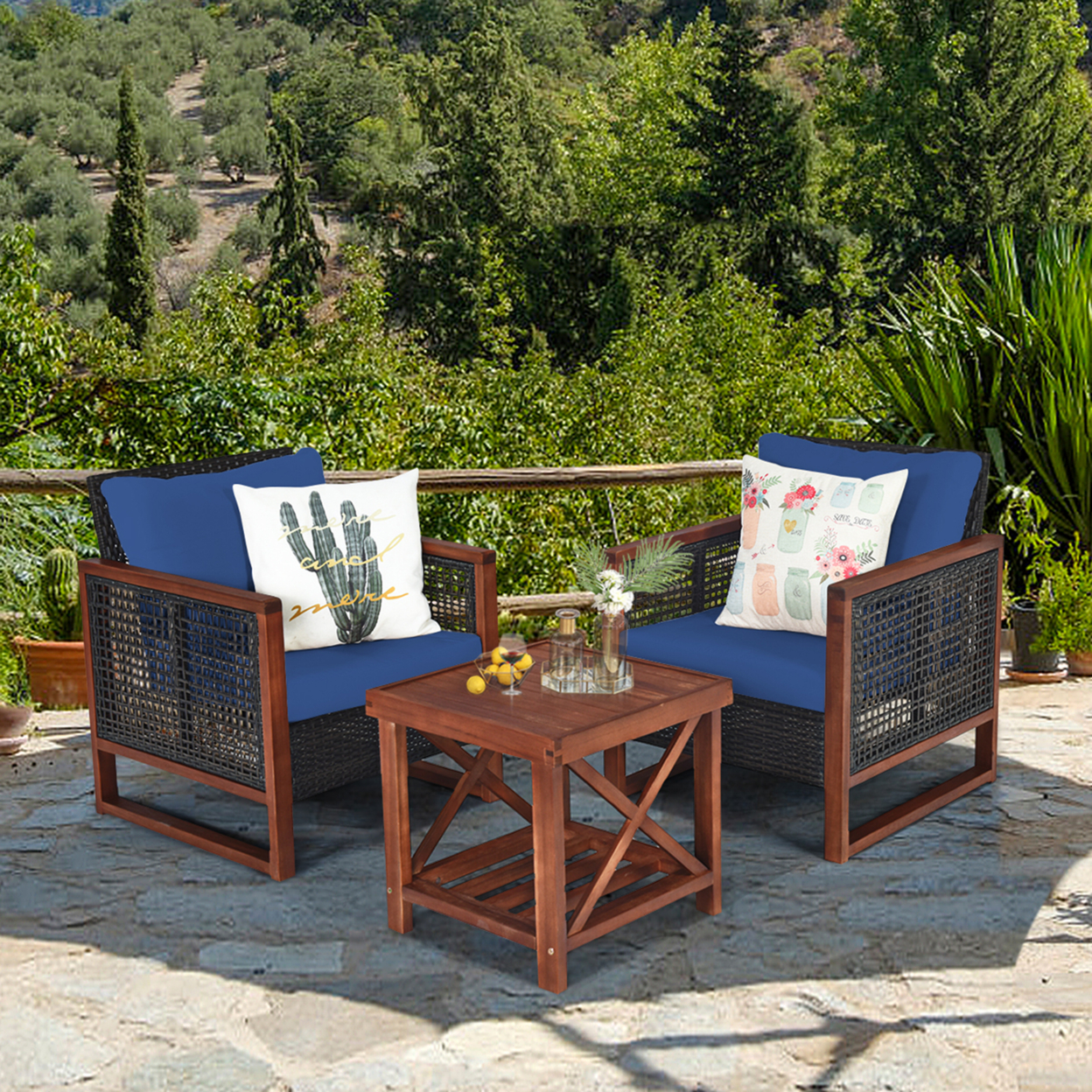3PCS Rattan Wicker Patio Conversation Set Outdoor Furniture Set W/ Navy Cushion