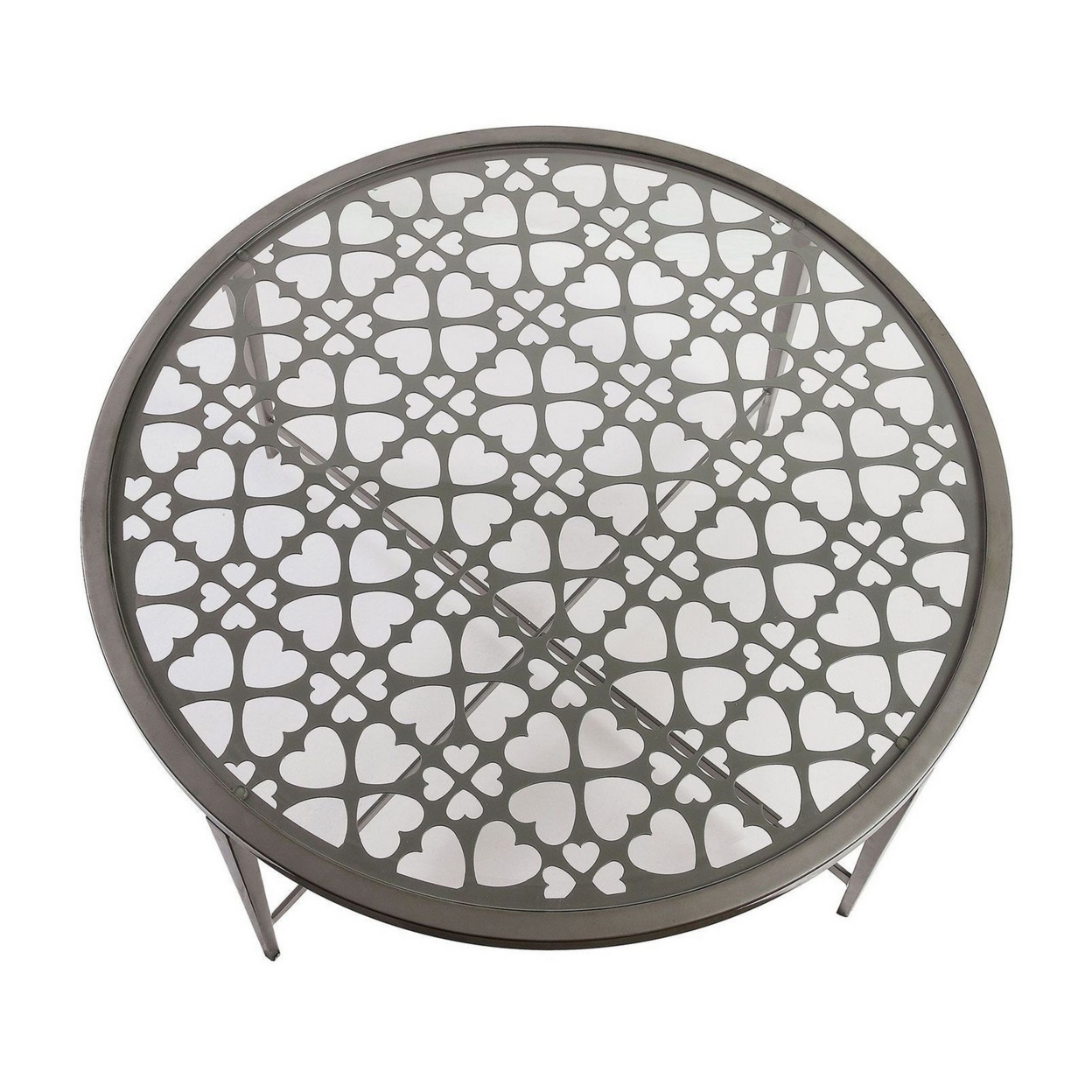 Round Glass Top Coffee Table With X Support Metal Base, Silver- Saltoro Sherpi