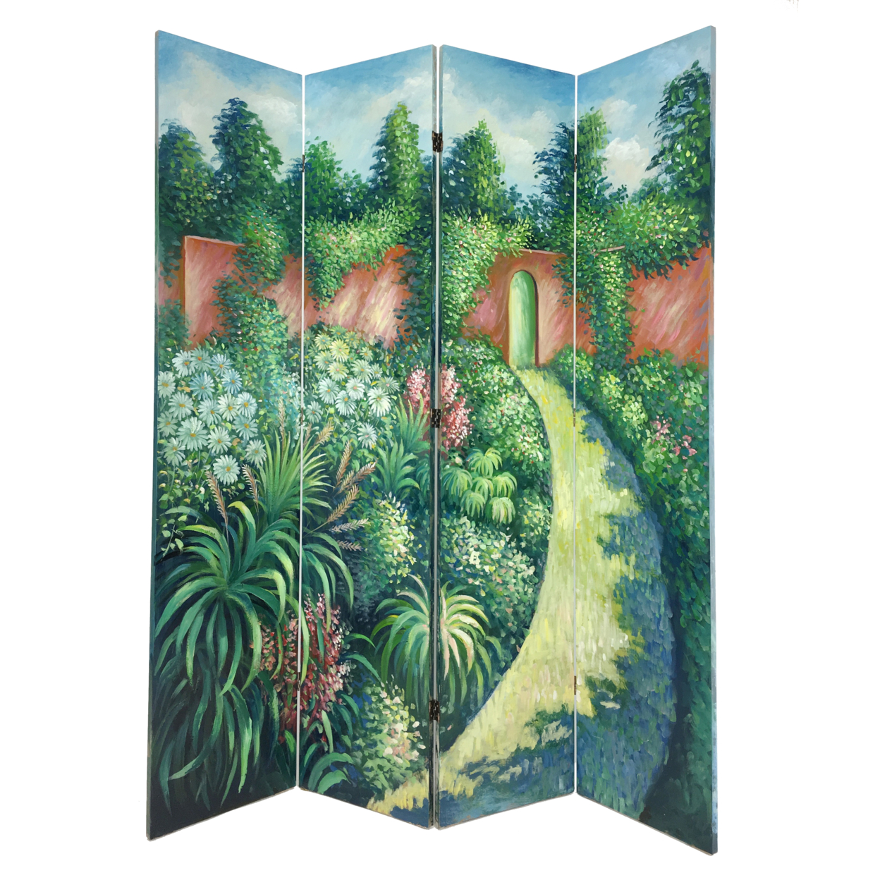 Wooden Double Sided 4 Panel Room Divider With Garden Scenes, Multicolor- Saltoro Sherpi