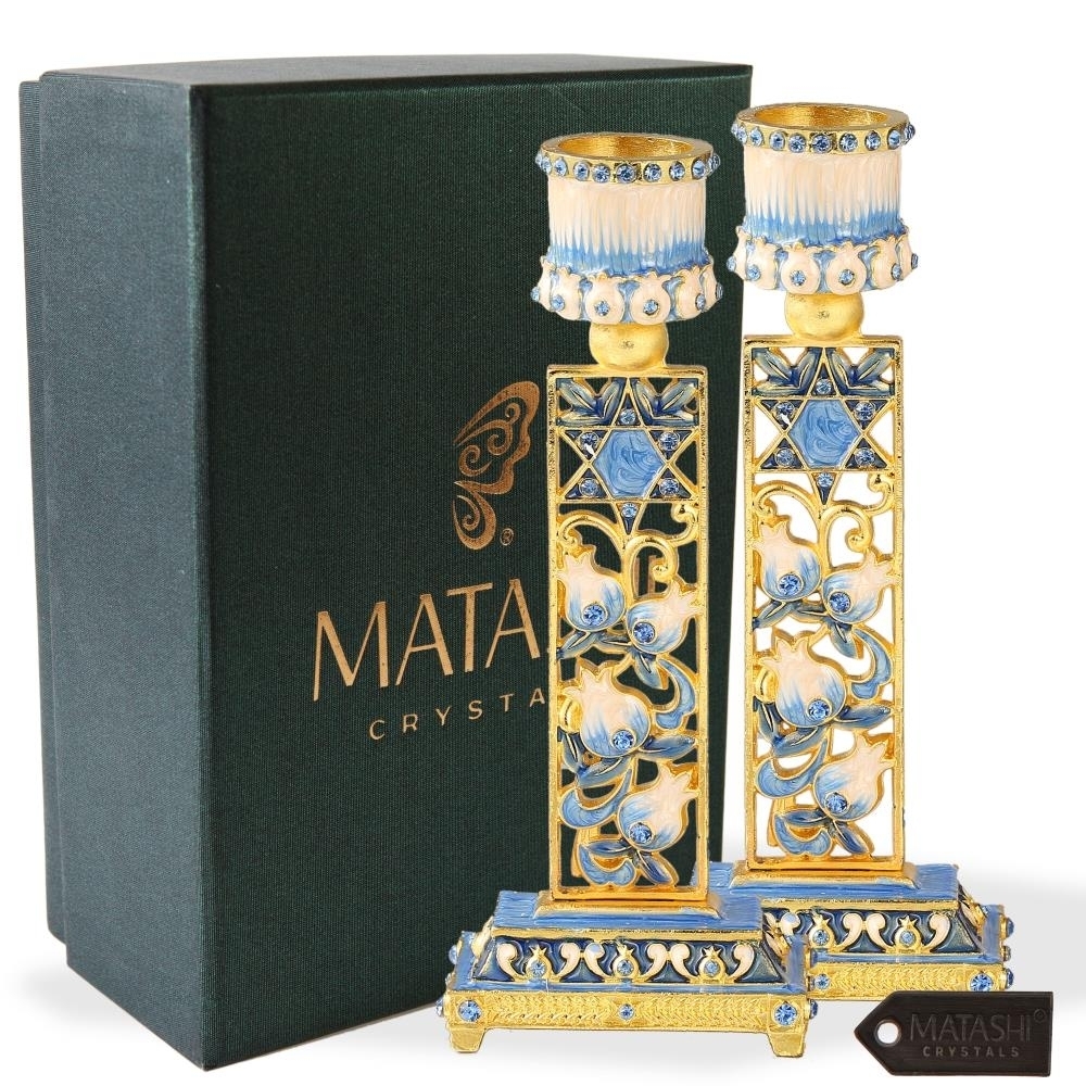Matashi, Shabbat Candlestick (2-Piece Set) Hand-Painted, Gold-Plated Pewter , Tall, Vintage Craftsmanship , Adorned W/ Star Of David
