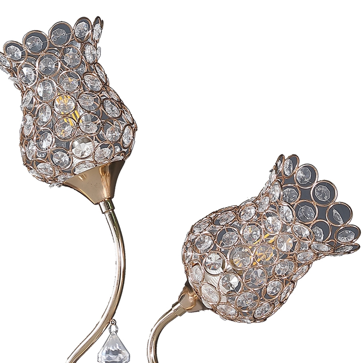 Metal Table Lamp With Floral Trumpet Shade And Crystal Accents, Gold- Saltoro Sherpi