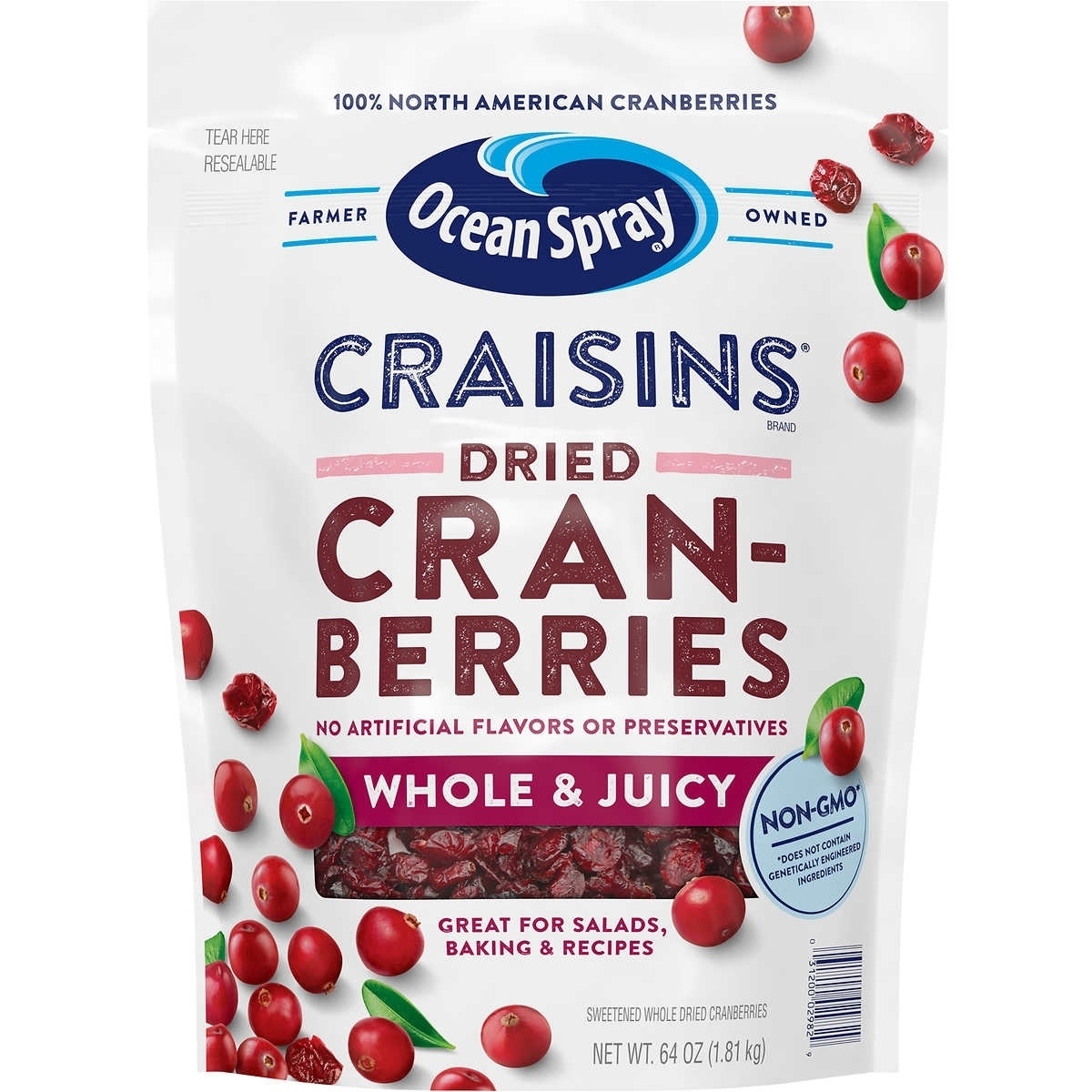 Ocean Spray Craisins, Whole Dried Cranberries, 64 Ounce