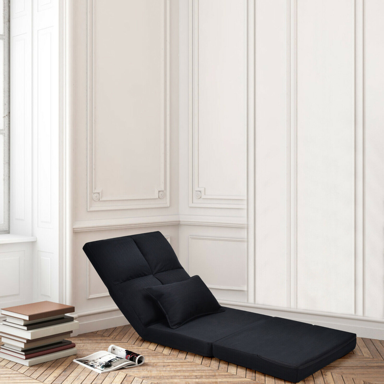 Flip Chair Convertible Sleeper Couch Futon Bed Lounger W/Pillow Black
