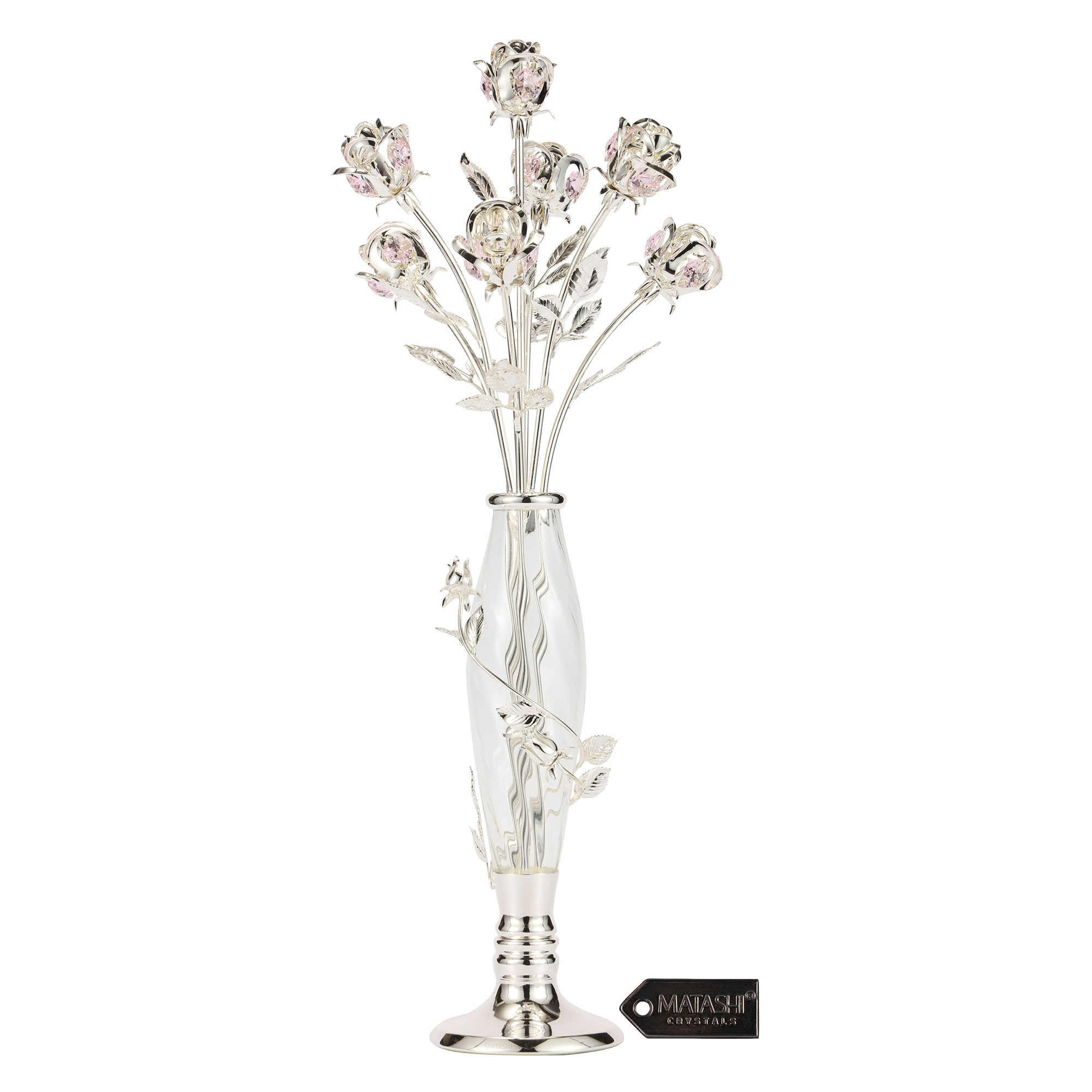 Silver Plated Crystal Studded Rose Bouquet In An Elegant Vase, Beautiful Flower Ornament Crafted With Stunning Crystals, By Matashi