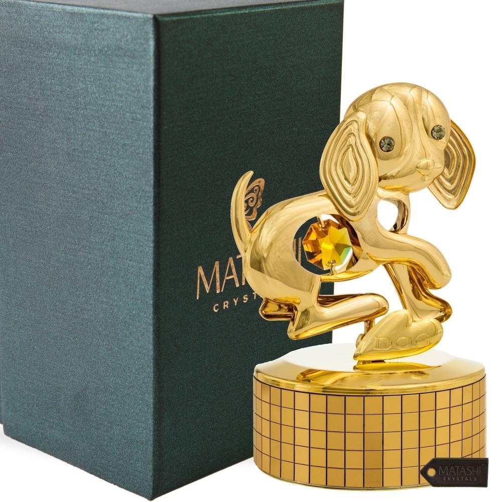 Matashi, 24k Gold Plated Dog Music Box Plays Memory , Gold Table Top Ornament W/ Gold Crystal , Home, Bedroom, Living Room DÃ©cor