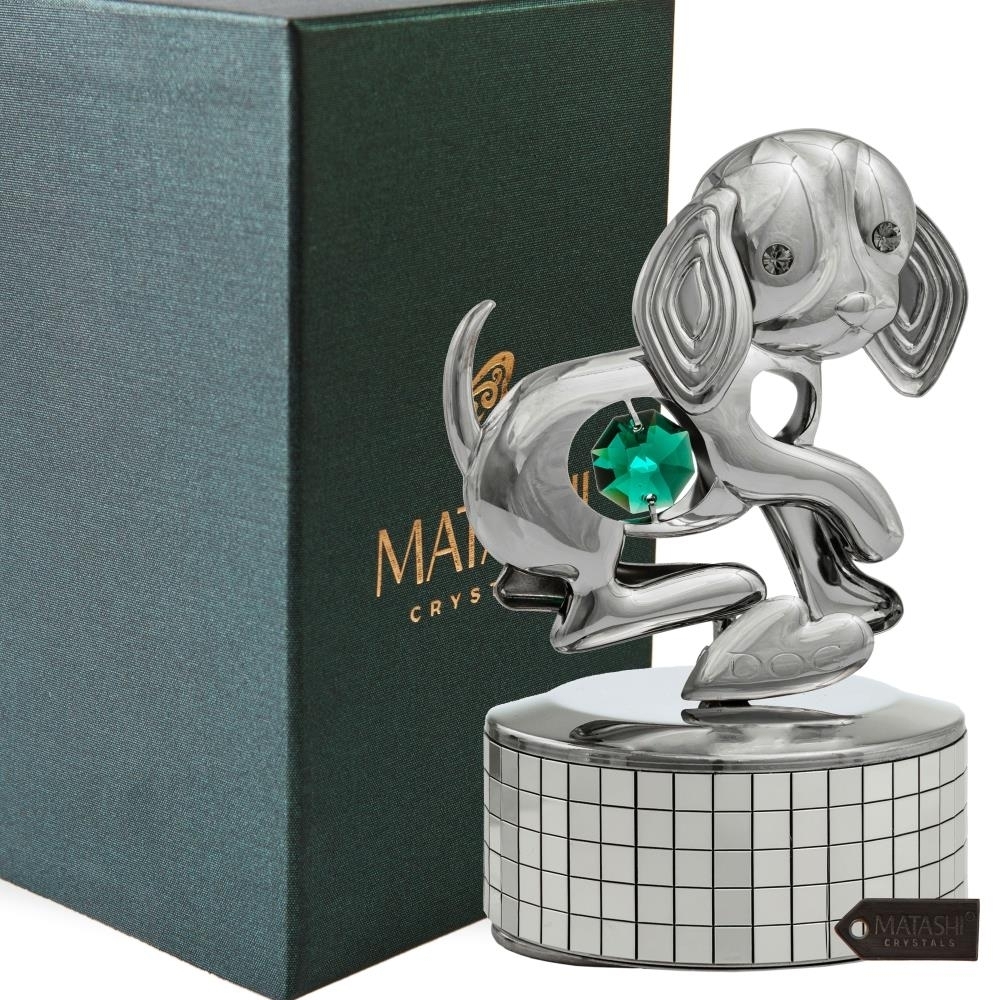 Matashi, Chrome Plated Dog Music Box Plays Memory , Silver Table Top Ornament W/ Green Crystal , Home, Bedroom, Living Room DÃ©cor