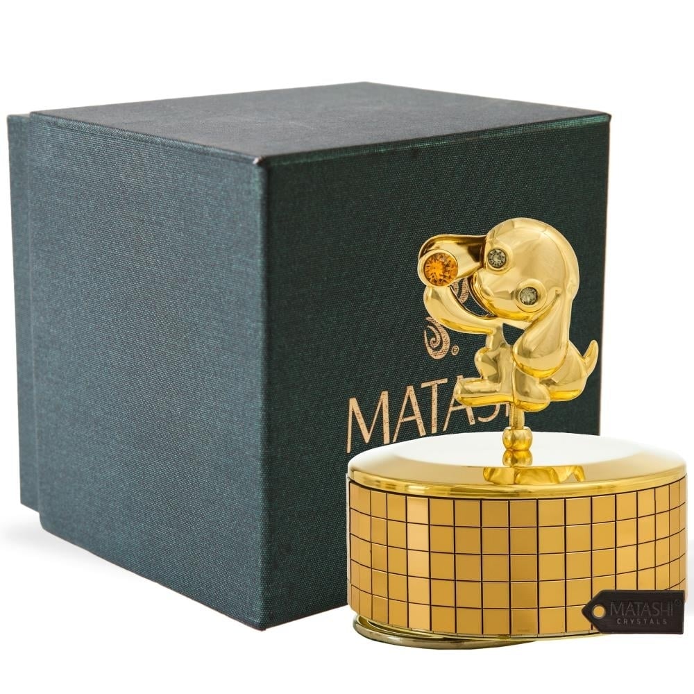 Matashi, 24k Gold Plated Puppy Music Box Plays Love Story , Gold Table Top Ornament W/ Gold Crystal , Home, Bedroom, Living Room DÃ©cor