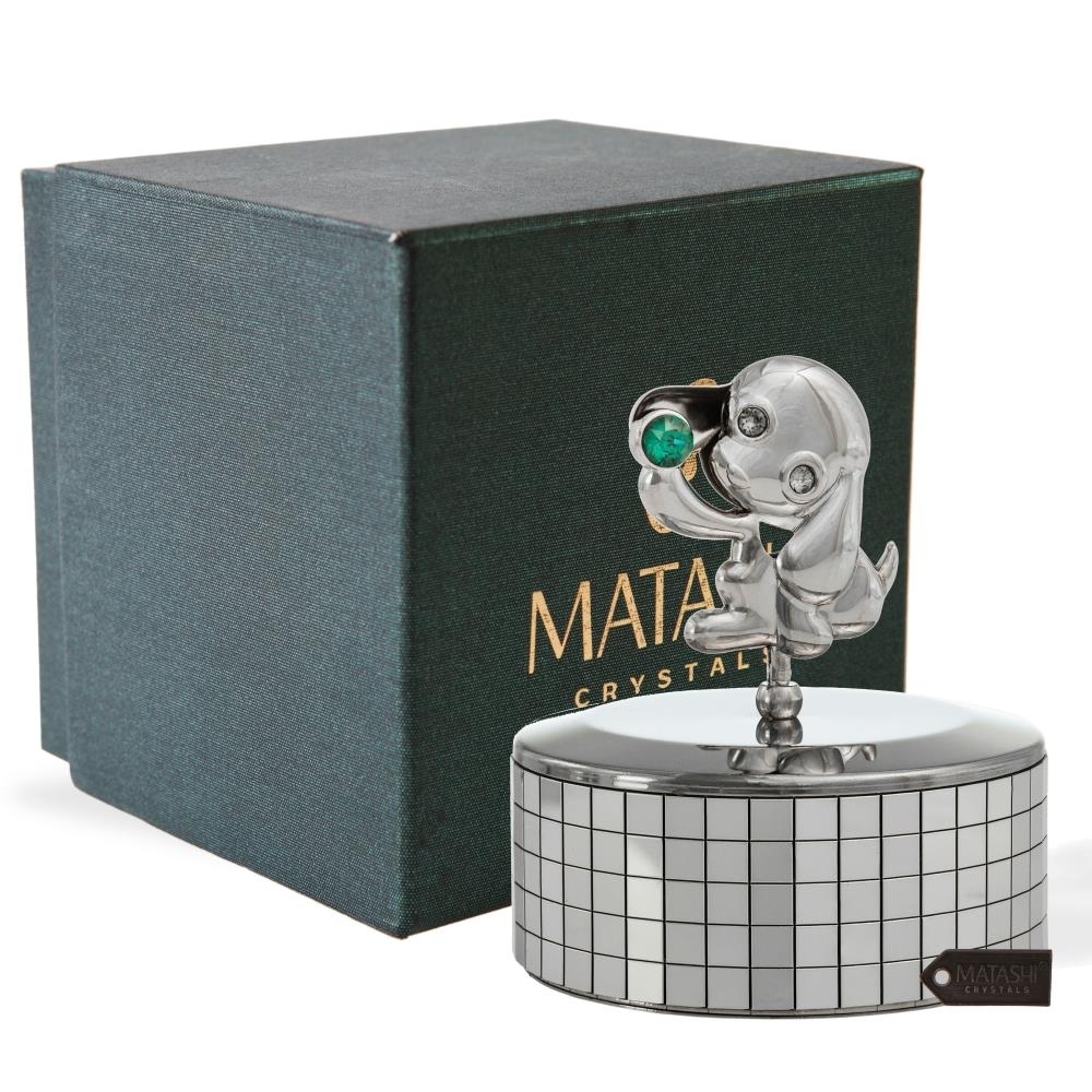 Matashi, Chrome Plated Puppy Music Box Plays âLove Storyâ , Silver Table Top Ornament W/ Green Crystal , Home, Bedroom, Living Room DÃ©cor