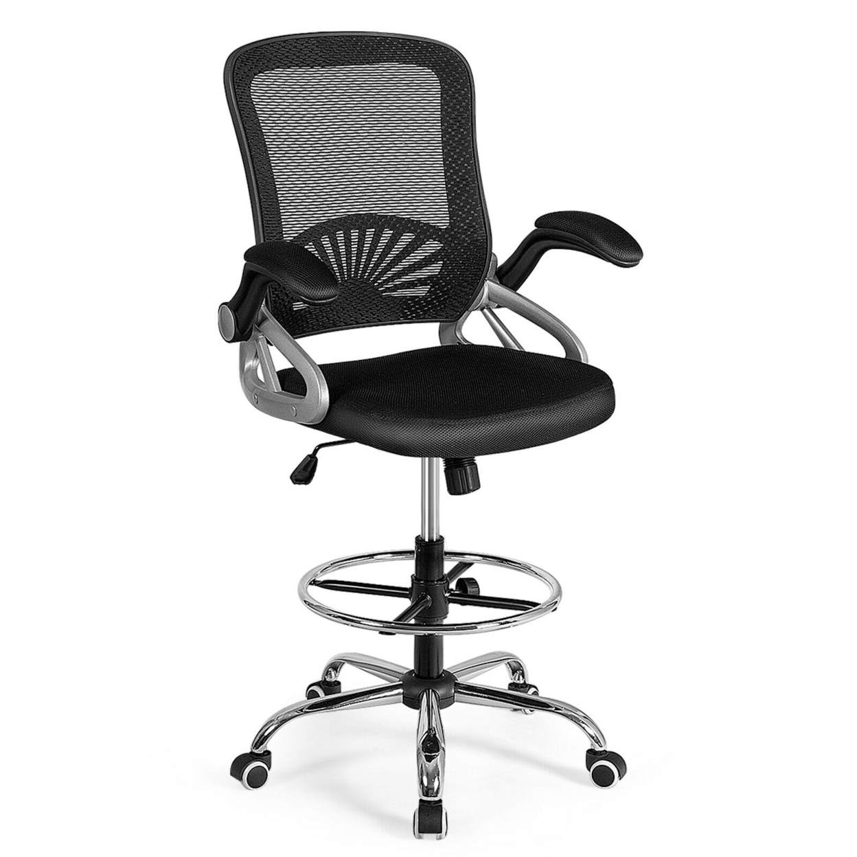 Mesh Drafting Chair Mid Back Office Chair Adjustable Height Flip-Up Arm Black