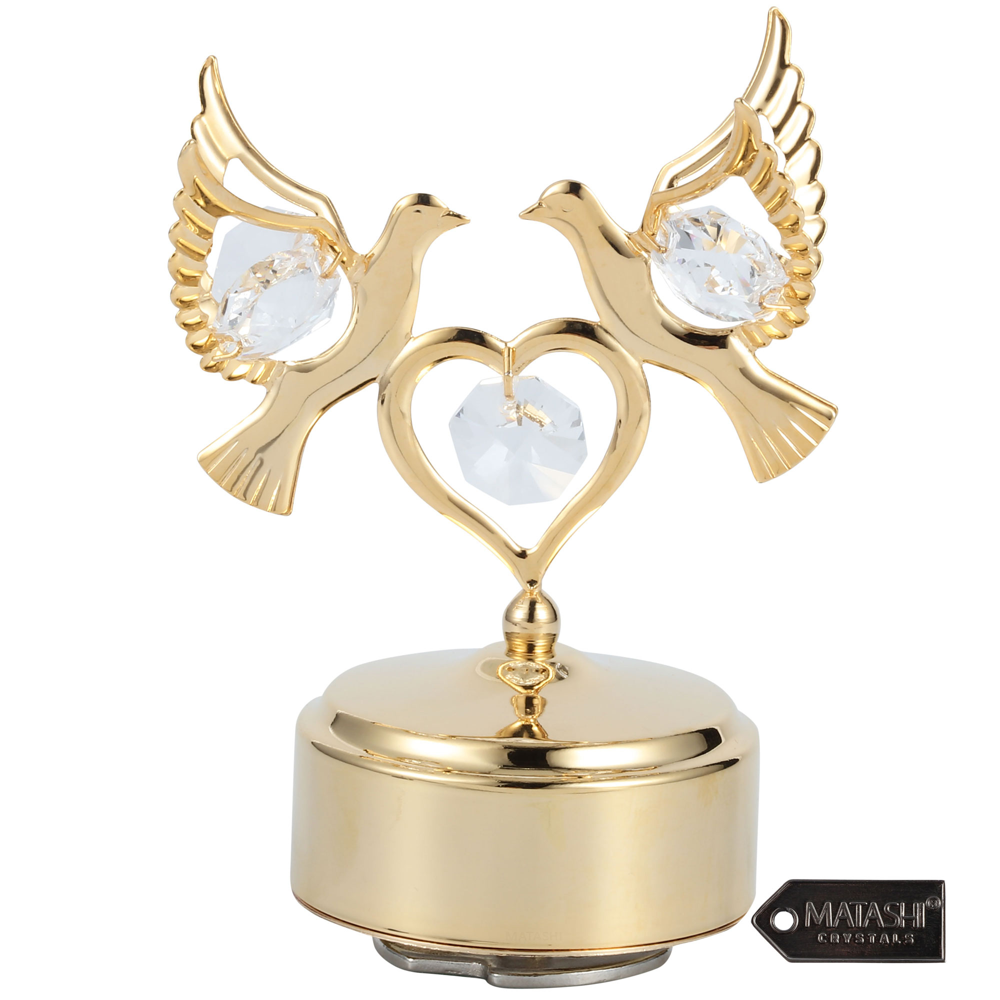 24K Gold Plated Music Box With Crystal Studded Love Doves Figurine On A Smooth Base By Matashi, Swan Lake