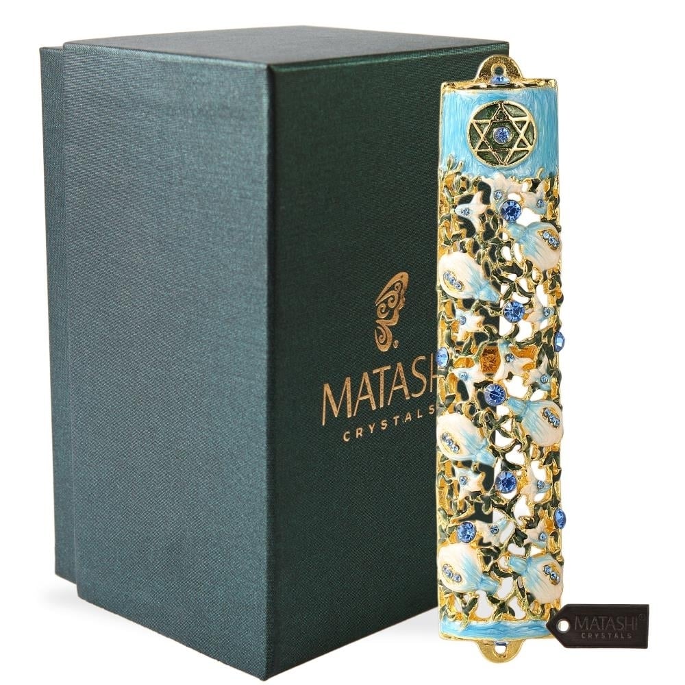 6 Hand Painted Enamel Mezuzah Embellished With A Ivy & Flowers Design With Gold Accents And High Quality Blue Crystals By Matashi