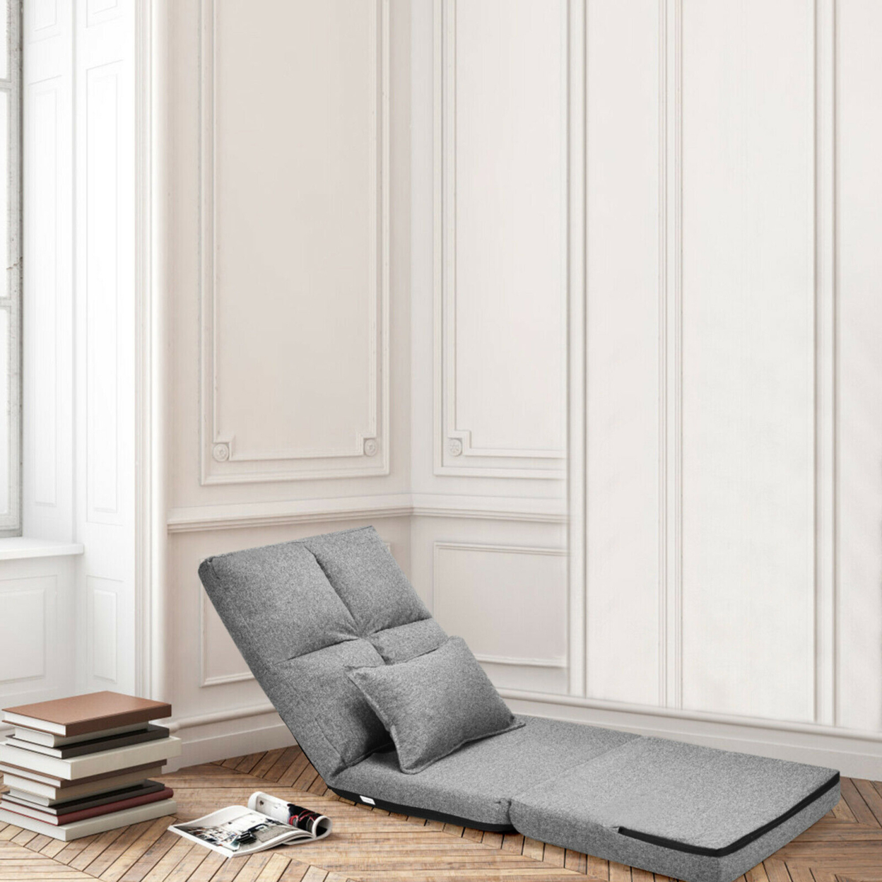 Flip Chair Convertible Sleeper Couch Futon Bed Lounger W/Pillow Grey