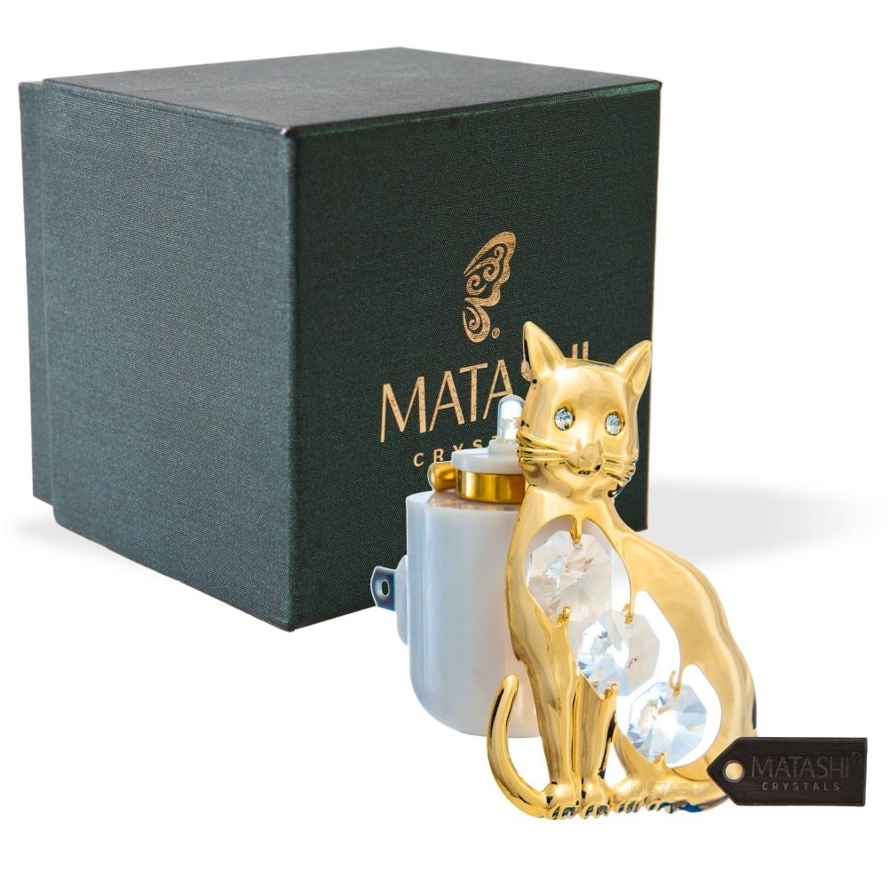 24K Gold Plated Childrenâs Kitty Cat Colorful LED Nightlight W/ Elegant Crystals - Hallway, Bedroom, Or Living Room Night Light By Matashi