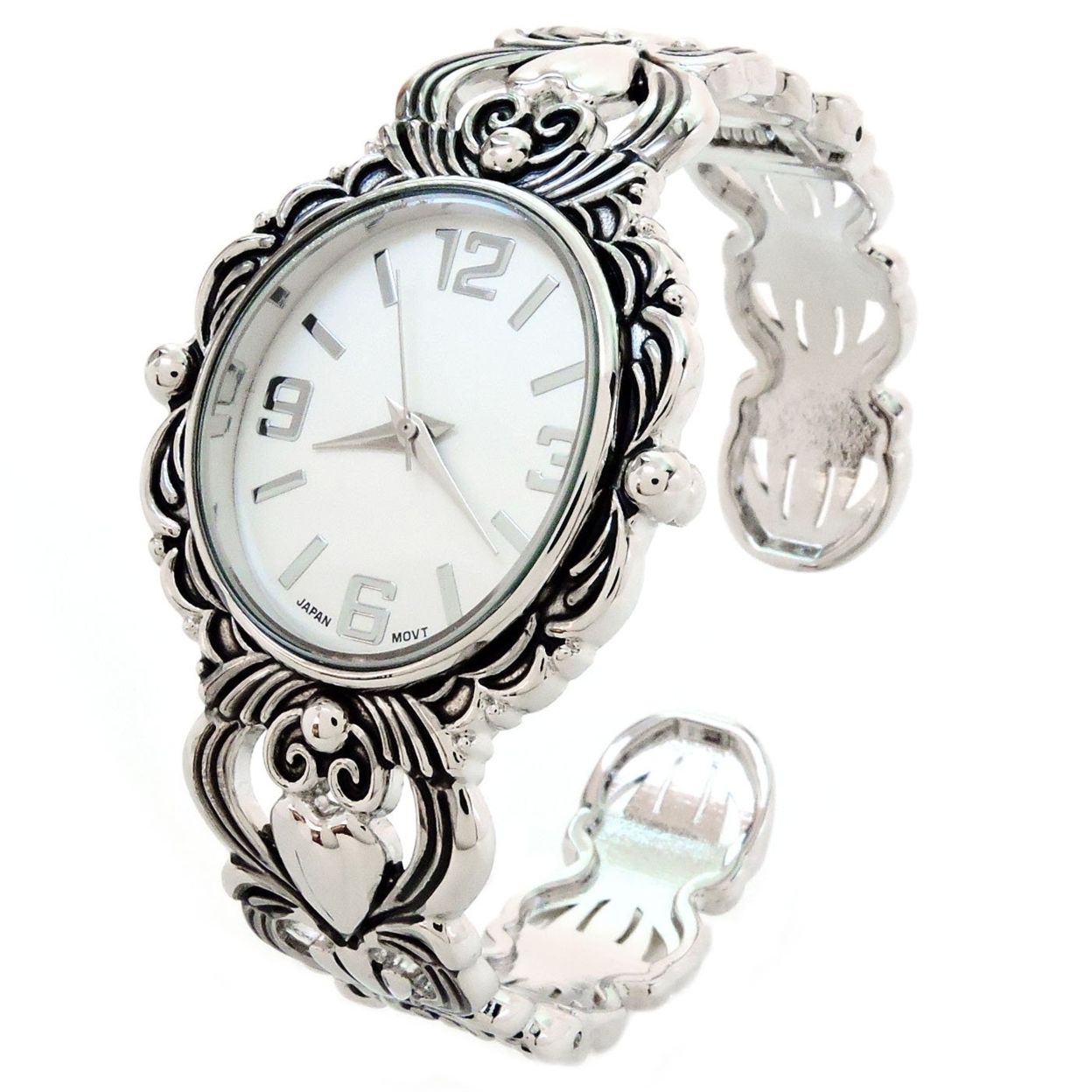 Silver Metal Decorated Large Oval Face Women's Bangle Cuff Watch