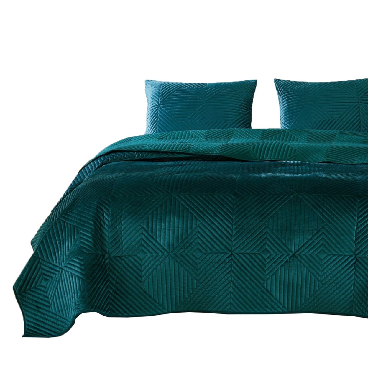 Bann 3 Piece Full Quilt Set With Geometric Design, Green- Saltoro Sherpi