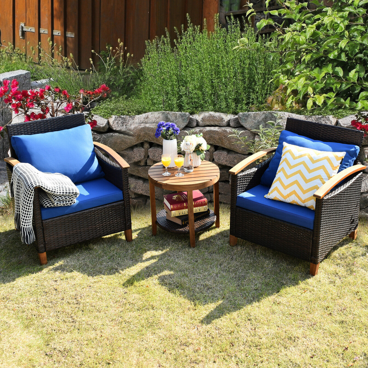 3PCS Patio Wicker Rattan Conversation Set Outdoor Furniture Set W/ Cushion