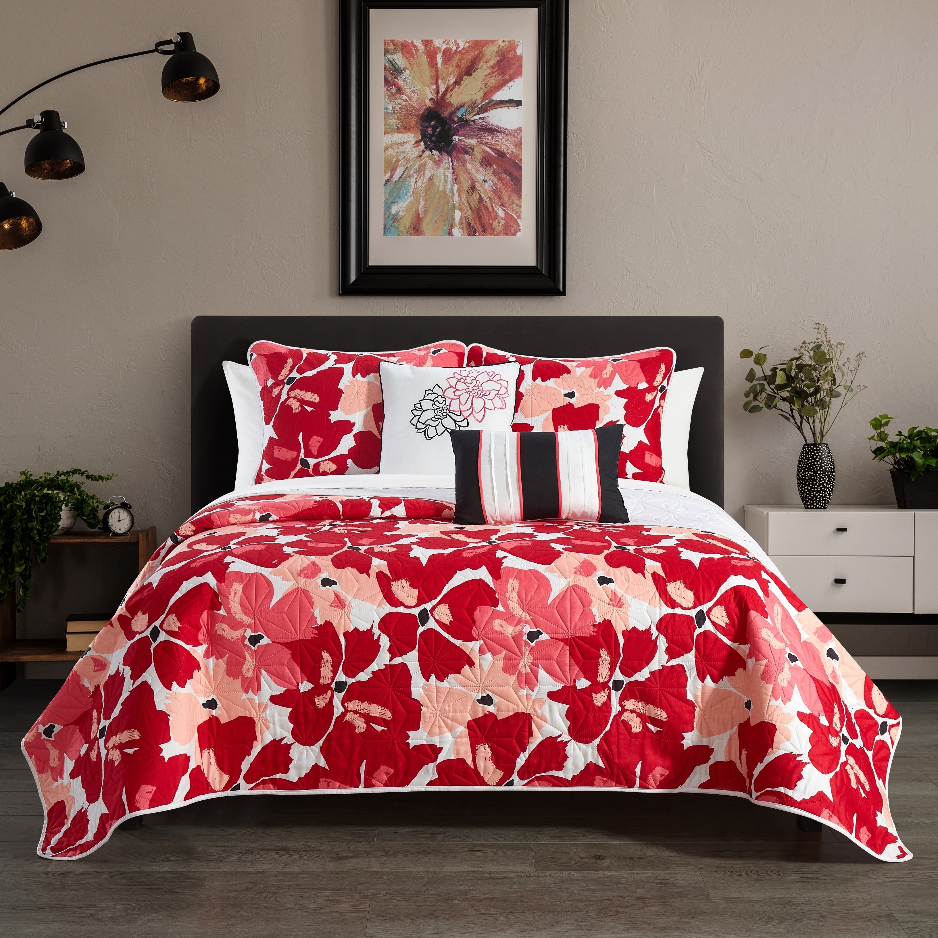 Aster 5 Piece Quilt Set Contemporary Floral Design Bedding - Pink, King