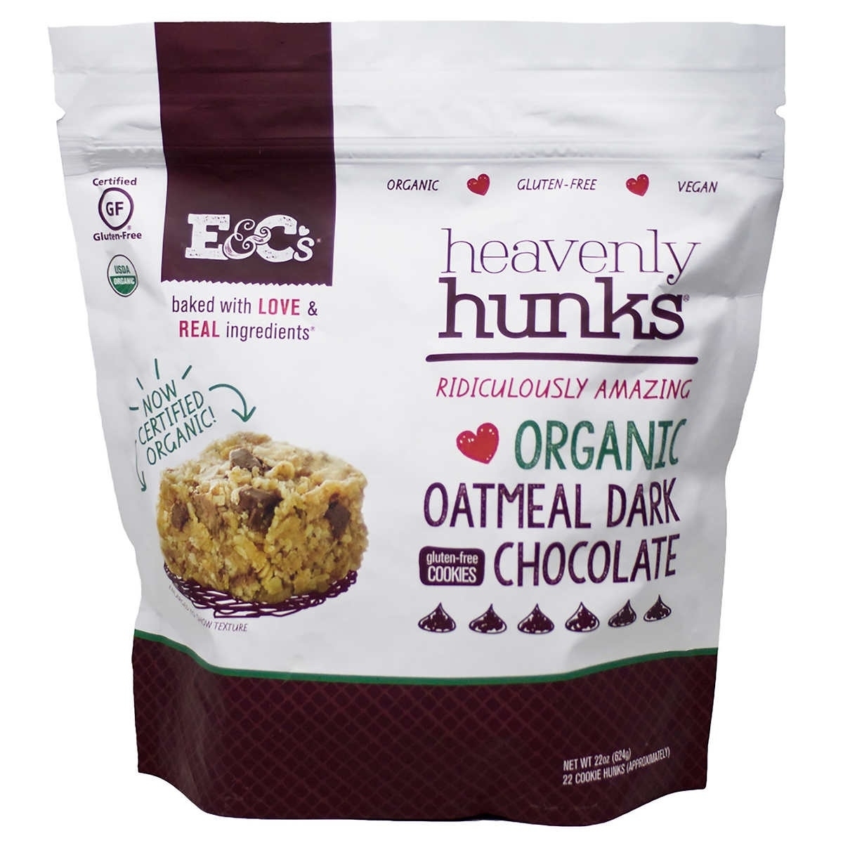 E&C's Heavenly Hunks Organic Oatmeal Dark Chocolate Cookies, 22 Ounce