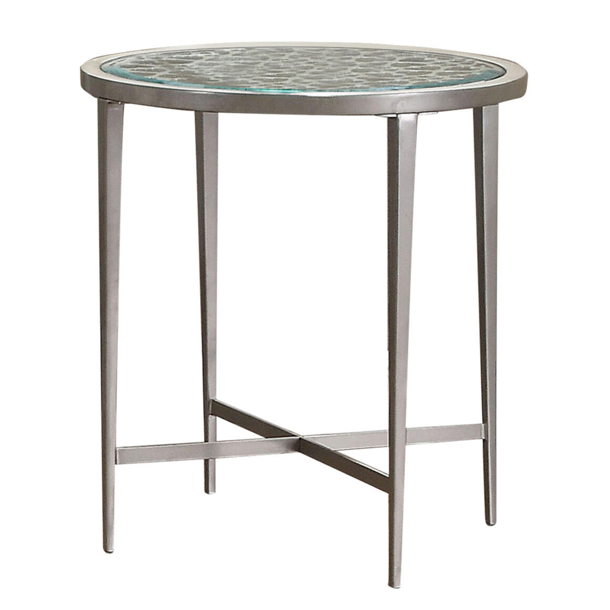 Round Glass Top Metal End Table With Sleek Tapered Legs, Silver- Saltoro Sherpi