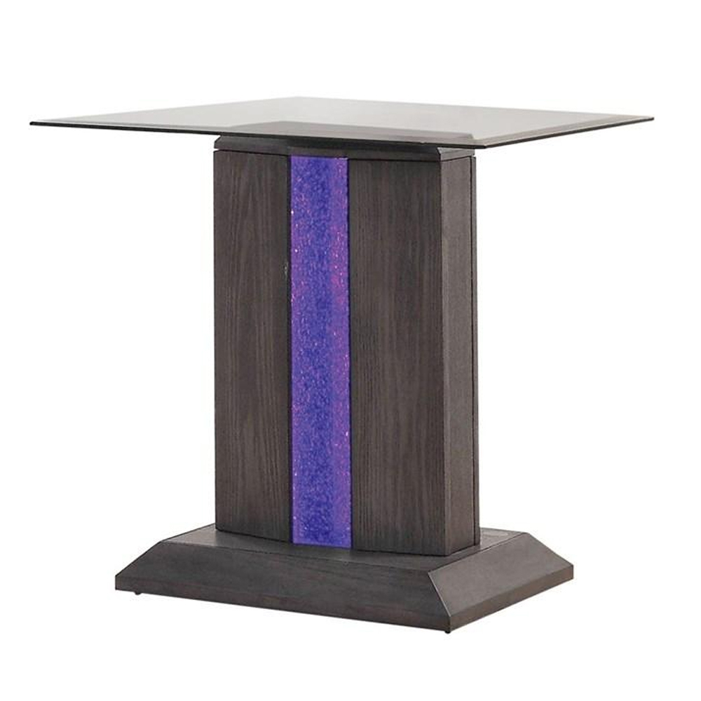 Glass Top End Table With Wooden Pedestal Base, Gray- Saltoro Sherpi