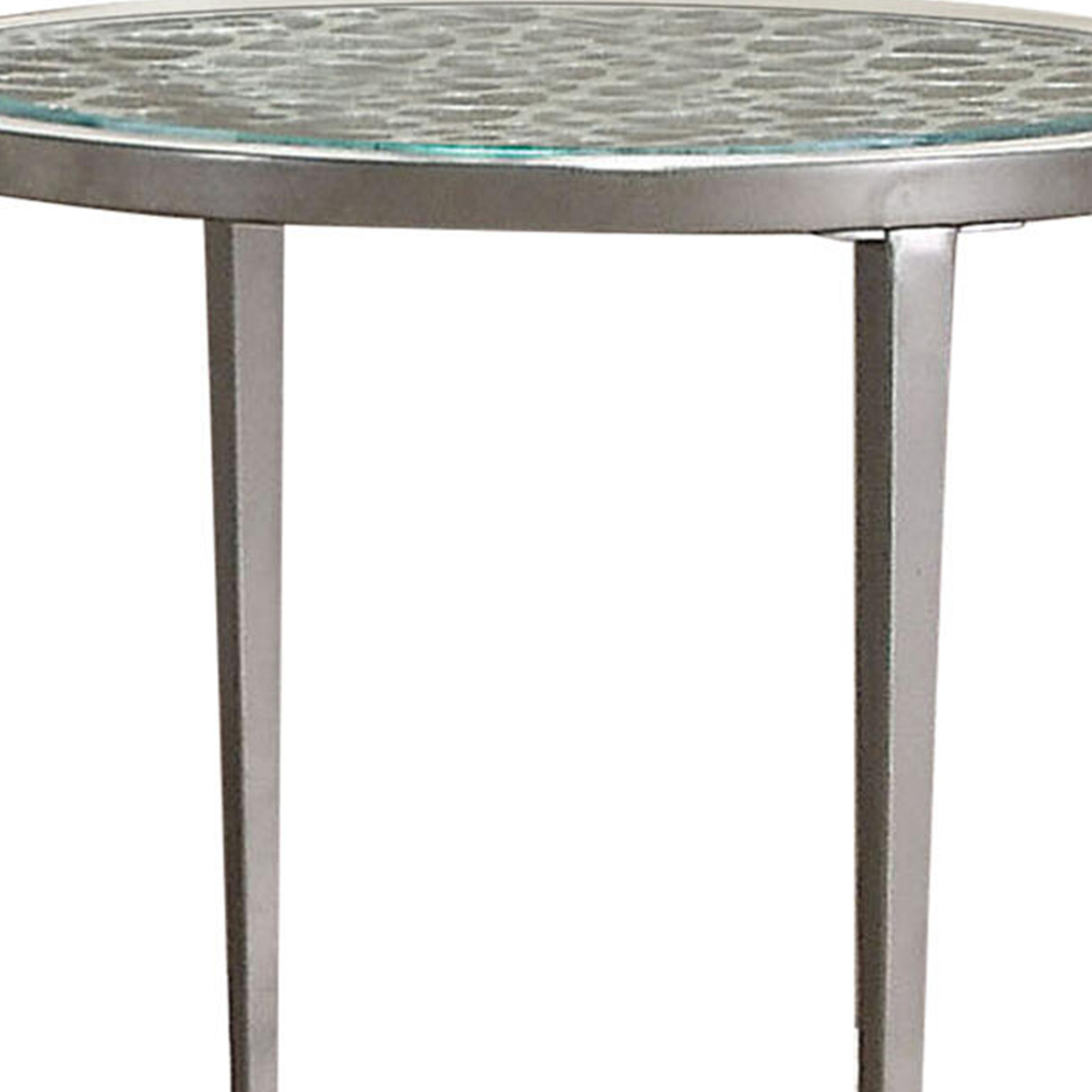 Round Glass Top Metal End Table With Sleek Tapered Legs, Silver- Saltoro Sherpi