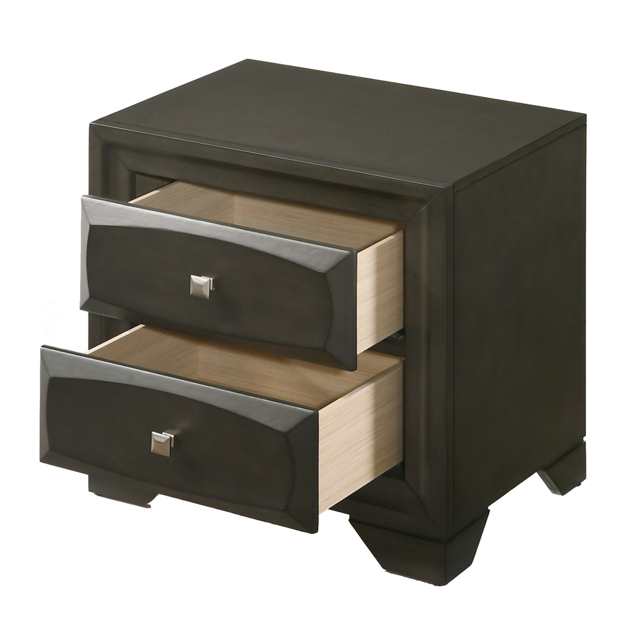 Two Drawer Nightstand With Brushed Nickel Accent And Chamfered Legs, Antique Gray- Saltoro Sherpi