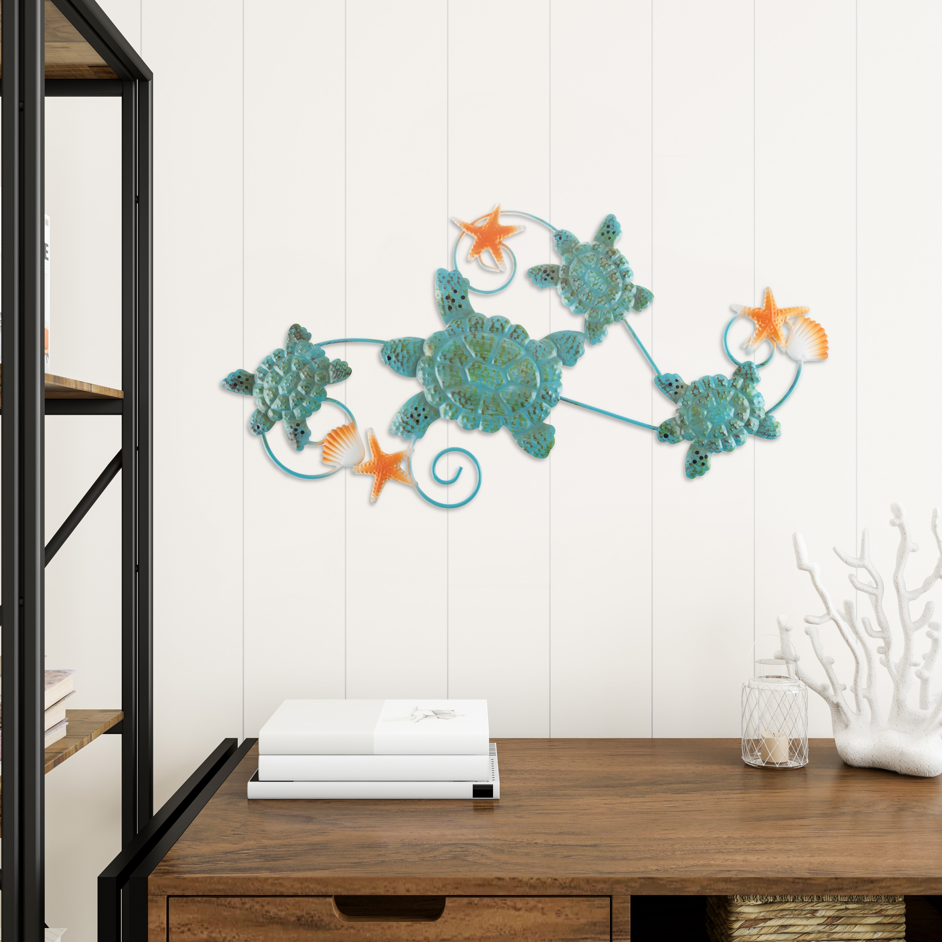 Sea Turtles Wall Art With Shells And Starfish- Nautical 3D Metal Hanging Décor-Vintage Coastal Under Water Sea Life Ocean Home Artwork