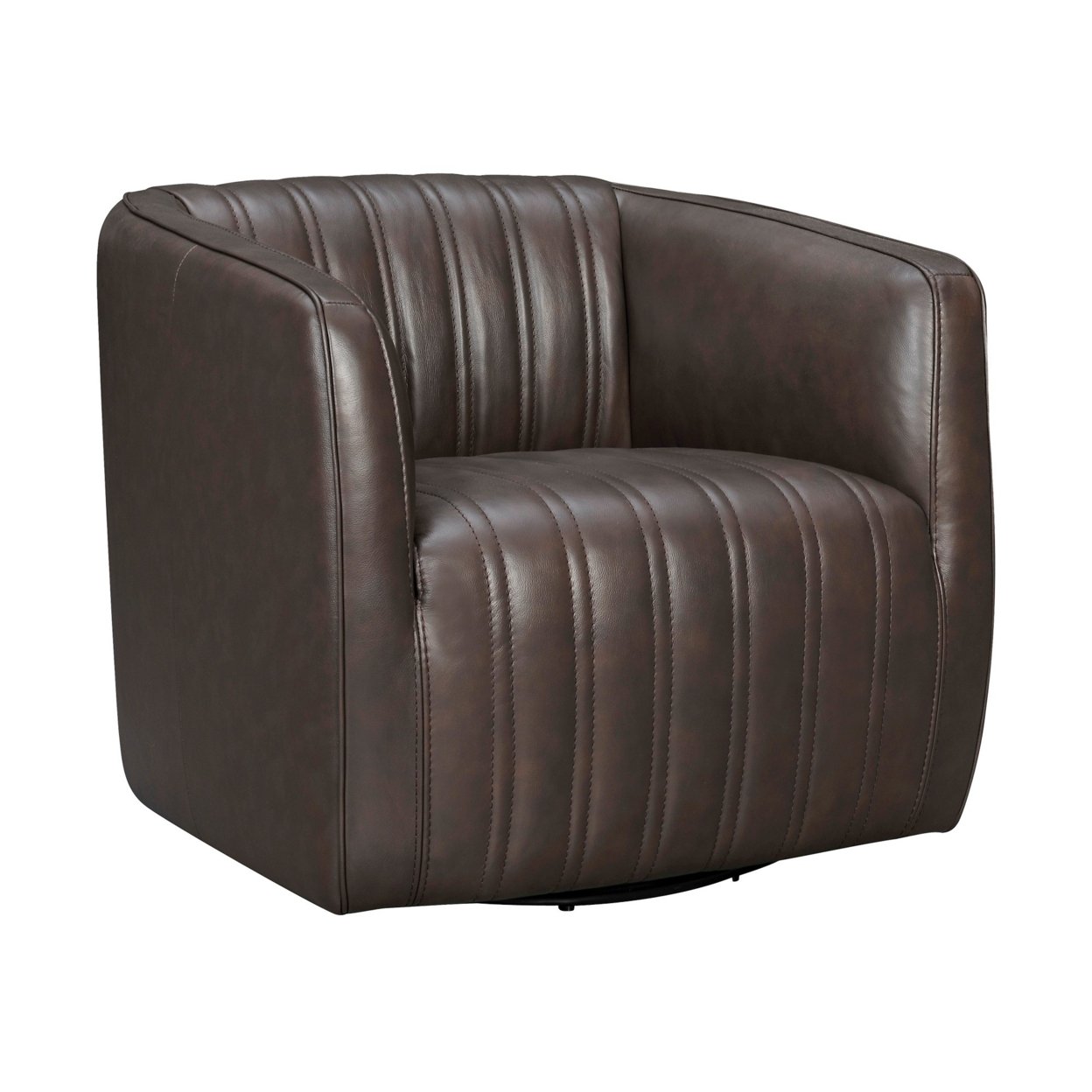 Leather Swivel Barrel Chair With Stitched Details, Brown- Saltoro Sherpi