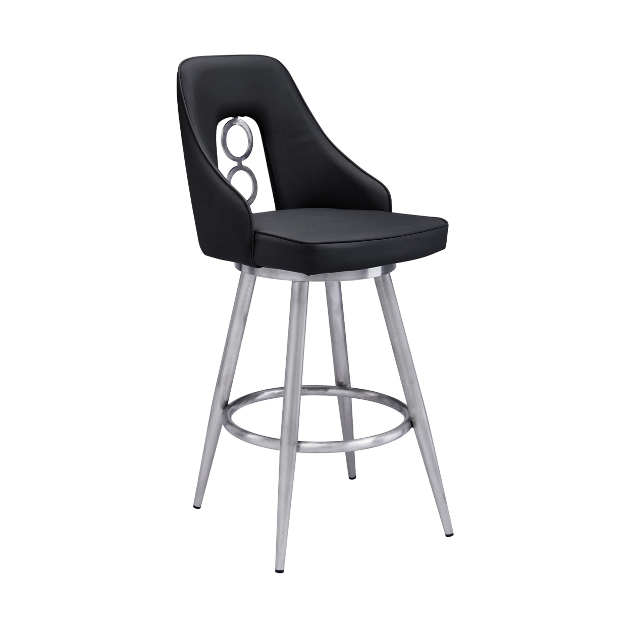 Faux Leather Barstool With Metal Tapered Legs, Black And Silver- Saltoro Sherpi