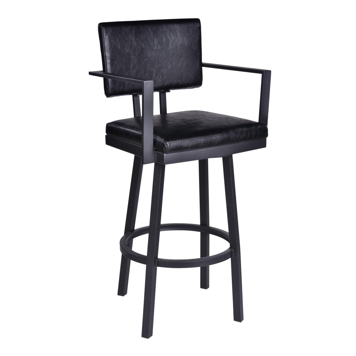 Lumbar Back Faux Leather Barstool With Stainless Steel Legs And Arms, Black- Saltoro Sherpi