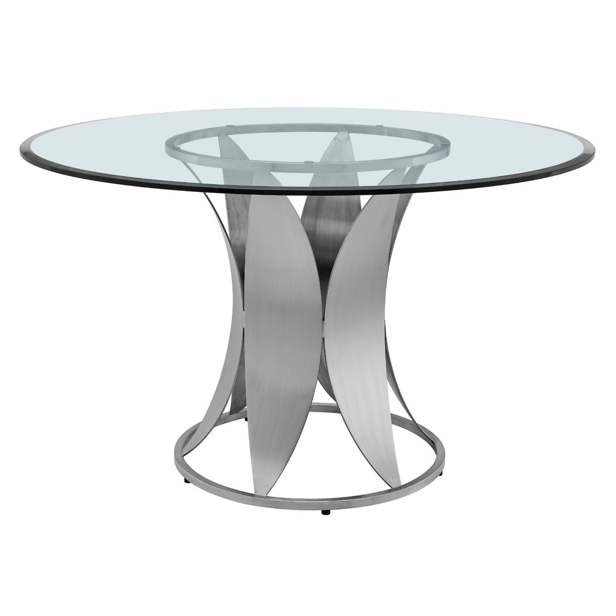 48 Inch Round Glass Top Dining Table With Pedestal Base, Silver- Saltoro Sherpi